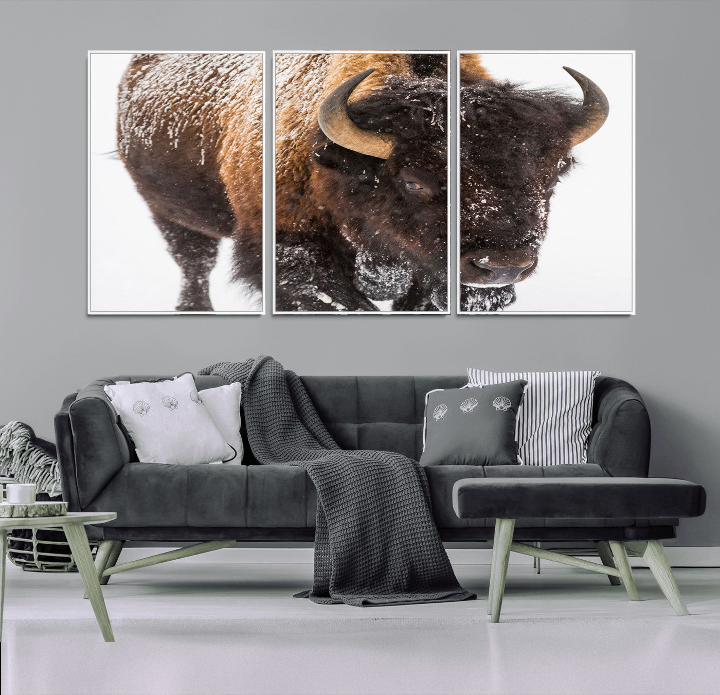 65605-MGV-FC-60X30-3P_White-Snow Bison Wall Art – Close Up Buffalo Canvas Print, Rustic Western Wildlife Photography, Farmhouse Cabin Lodge Decor for Living