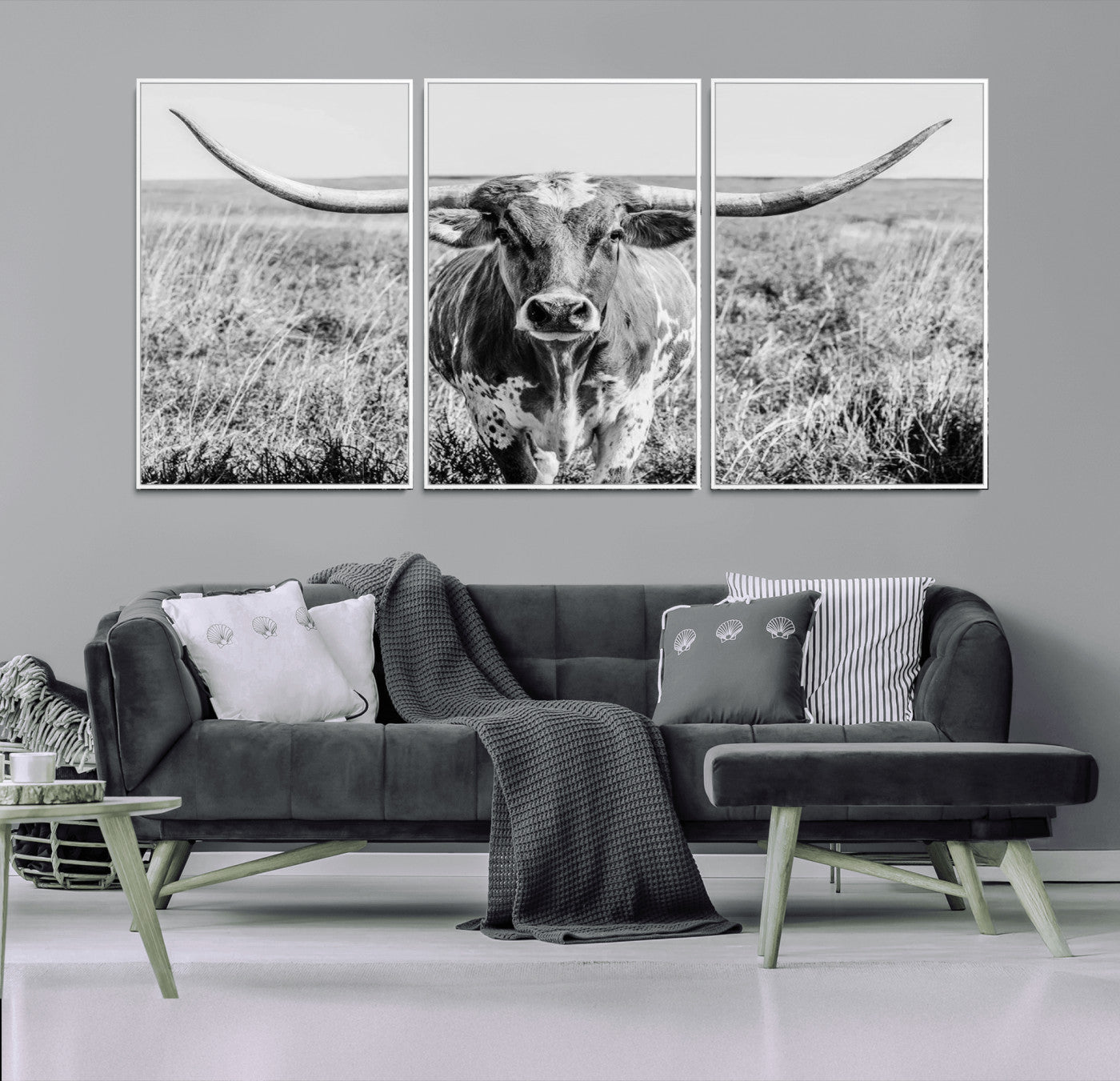 77320-MGV-FC-60X30-3P_White-Texas Longhorn Wall Art – Black and White Western Cattle Canvas Print, Rustic Farmhouse Animal Photography Decor for Living Room,