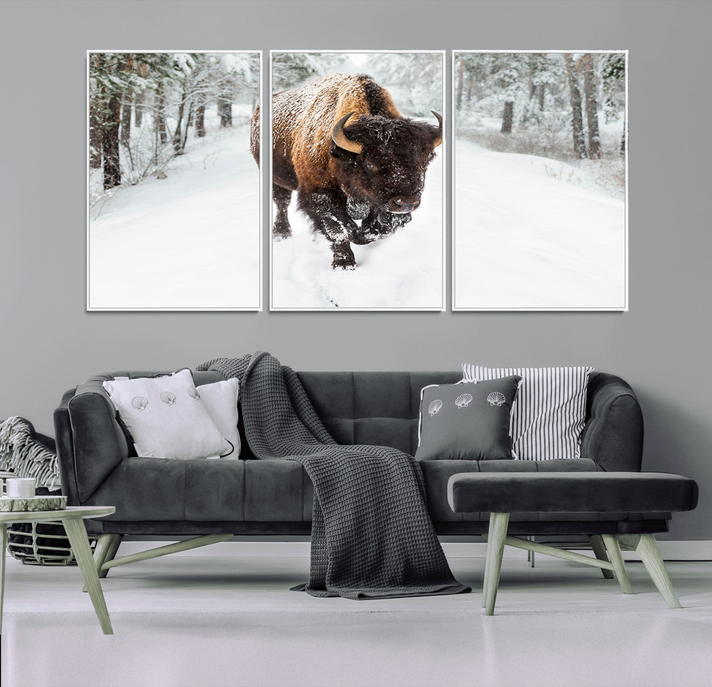 10109-MGV-FC-60X30-3P_White-Majestic Bison Winter Wall Art – Snowy Forest Buffalo Canvas Print, Rustic Wildlife Photography Decor for Cabin, Lodge, Living