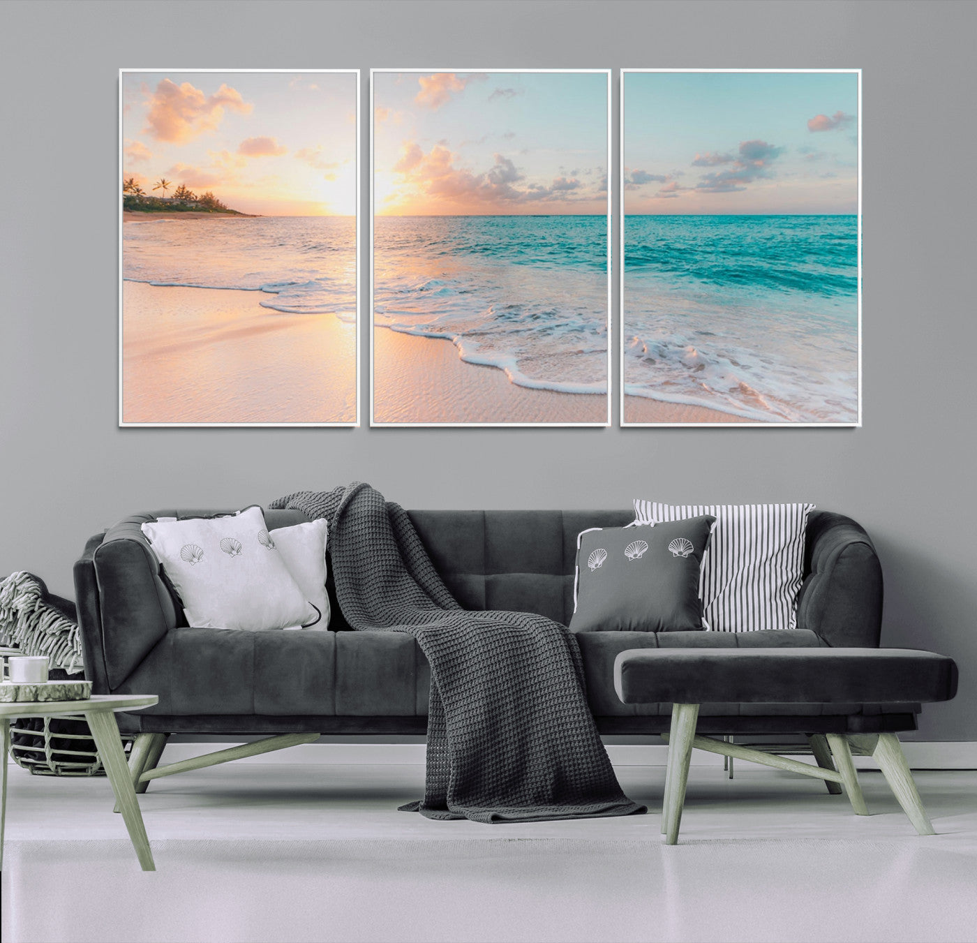 36554-MGV-FC-60X30-3P_White-Tropical Beach Sunset Wall Art – Ocean Waves and Palm Canvas Print, Coastal Seascape Photography Decor for Living Room, Bedroom,