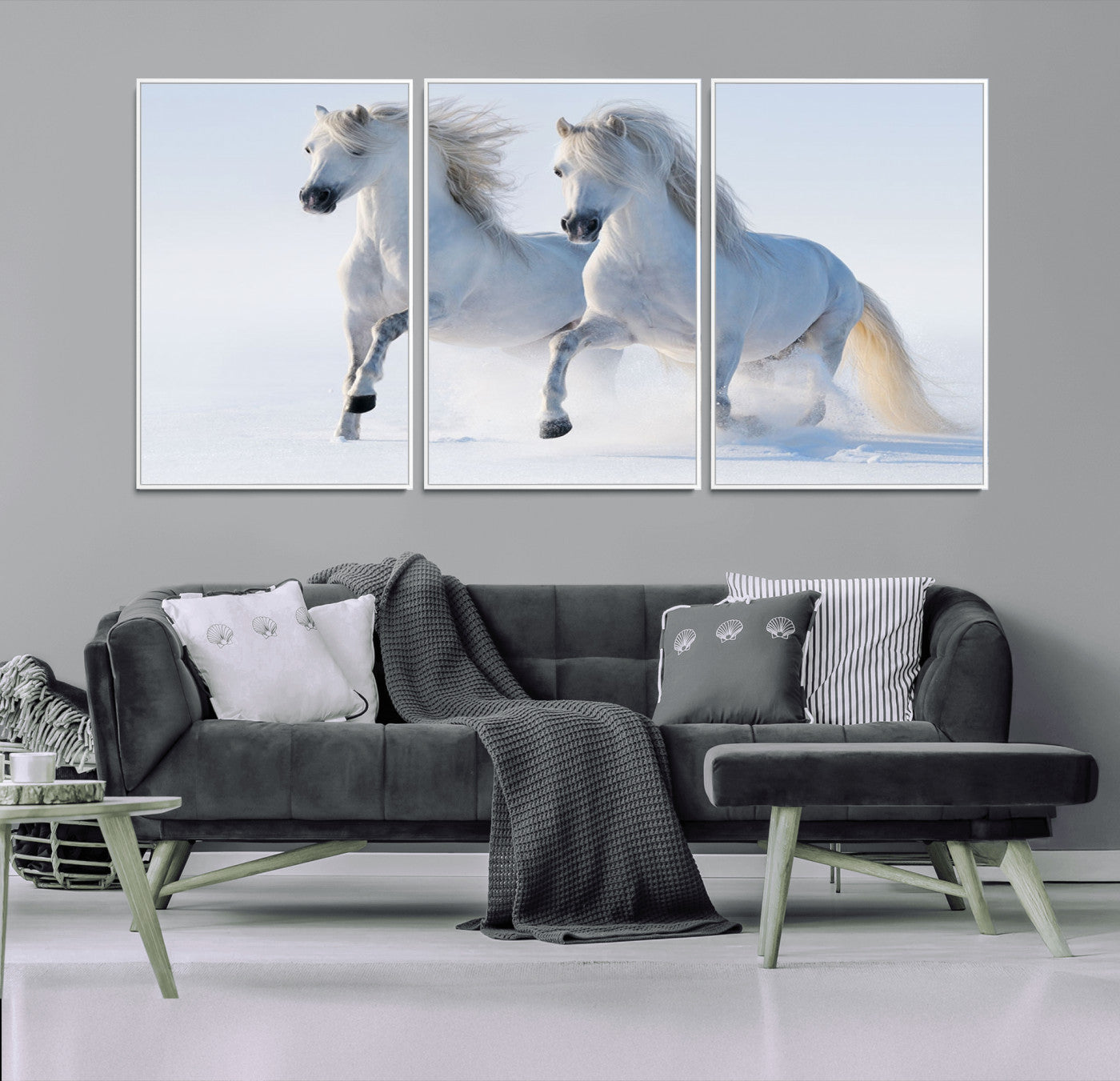 80145-MGV-FC-60X30-3P_White-White Horses Running Snow Wall Art – Majestic Equine Canvas Print, Winter Nature Photography Decor for Living Room, Office,