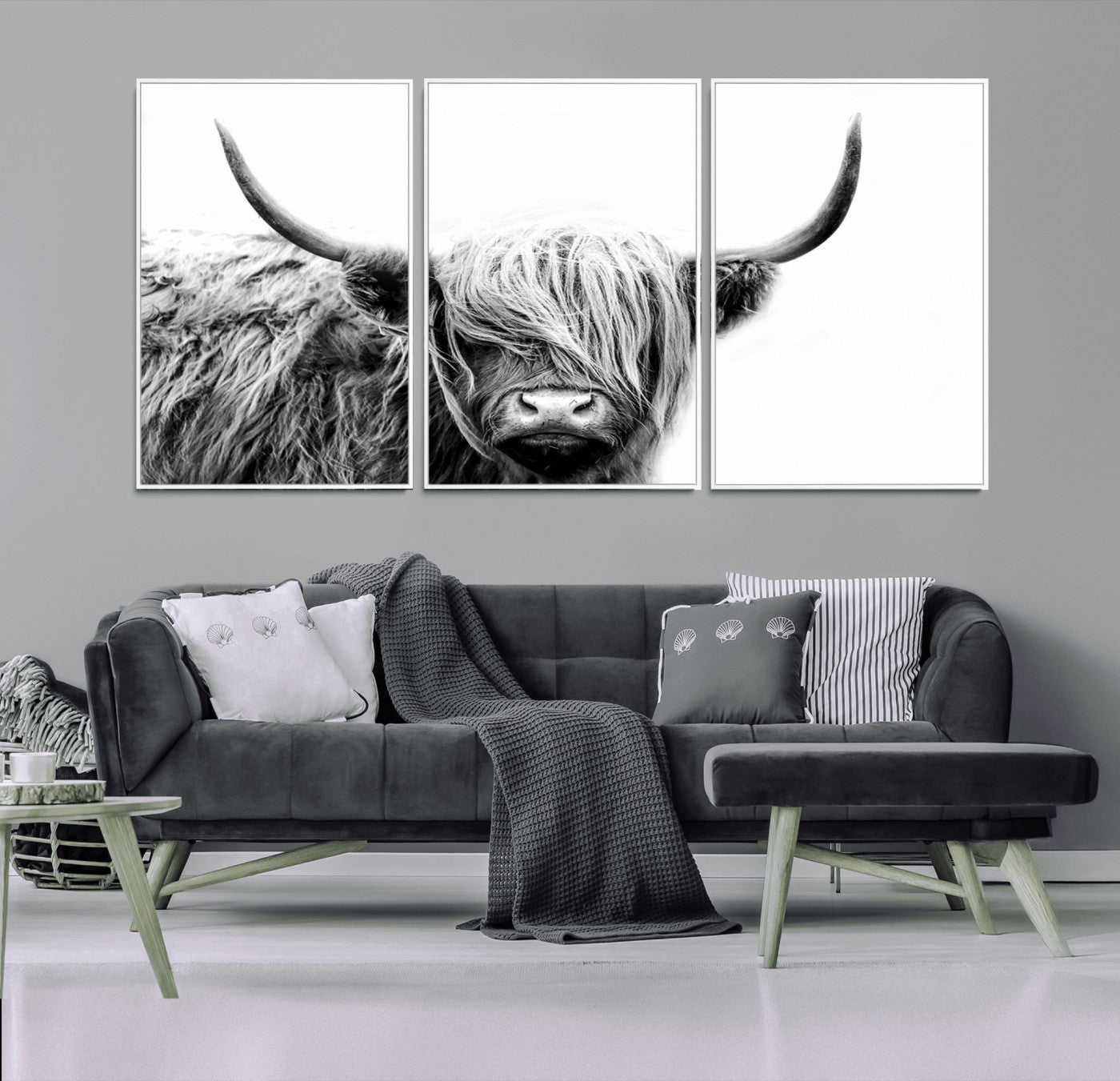 51957-MGV-FC-60X30-3P_White-Highland Cow Wall Art – Black and White Scottish Highland Bull Canvas Print, Rustic Farmhouse Animal Decor for Living Room,