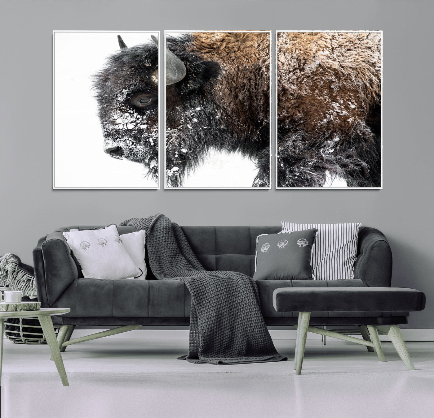 24304-MGV-FC-60X30-3P_White-Bison Wall Art Canvas Print, Framed Winter Bison Art Picture Print, Snowy Buffalo Perfect Rustic Farmhouse Decor Artwork
