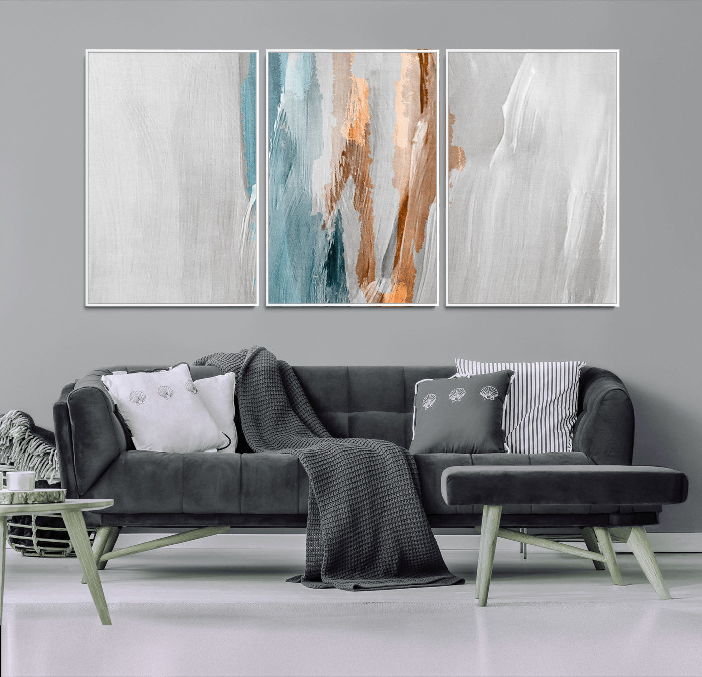 66154-MGV-FC-60X30-3P_White-Abstract Brushstroke Wall Art – Modern Teal and Gold Canvas Print, Minimalist Contemporary Painting for Living Room, Bedroom, or