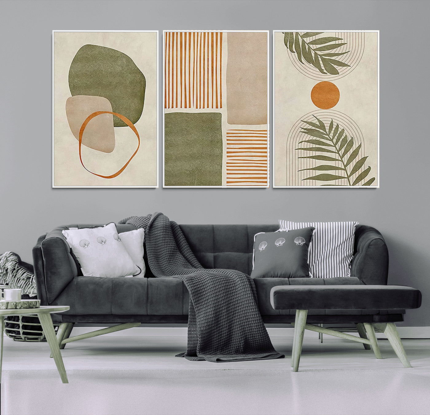 96002-MGV-CV-36X24-Abstract Geometric Wall Art – Modern Canvas Print with Green, Orange & Beige Shapes, Minimalist Home Decor for Living Room, Office