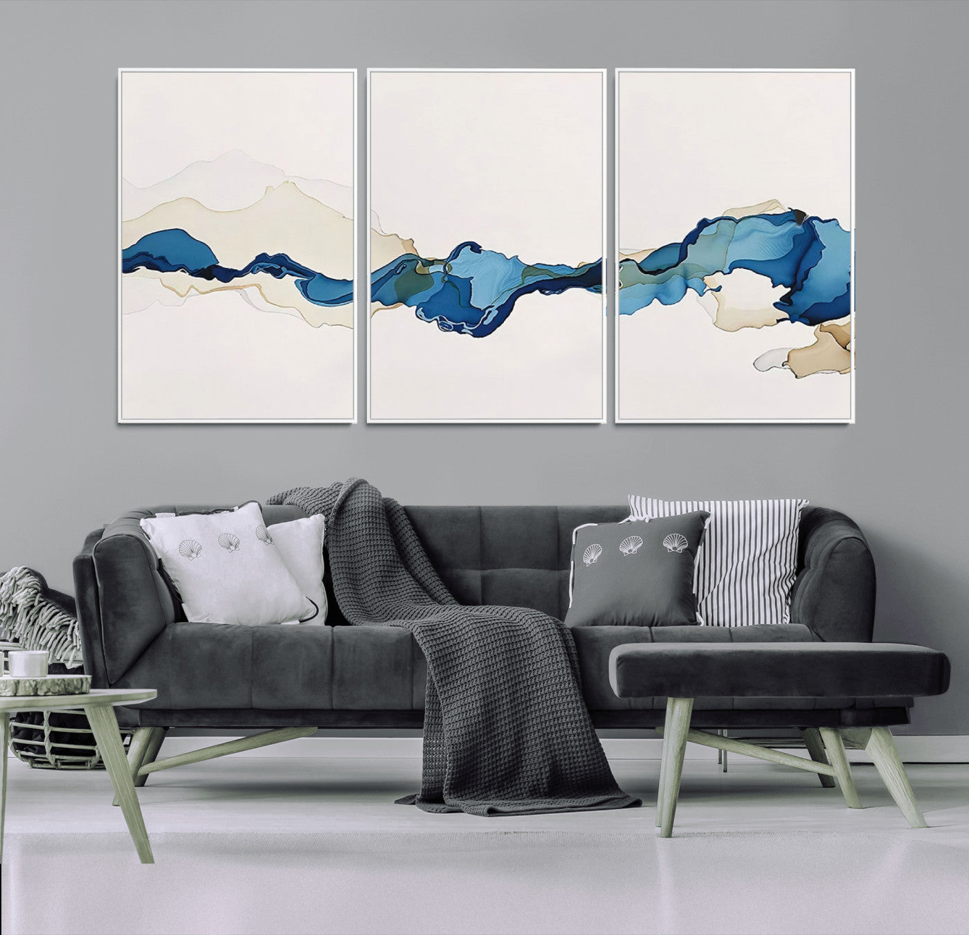 95528-MGV-CV-60X30-3P-Abstract Blue Wave Wall Art – Modern Ocean Inspired Canvas Print, Minimalist Fluid Painting for Living Room, Bedroom or Office
