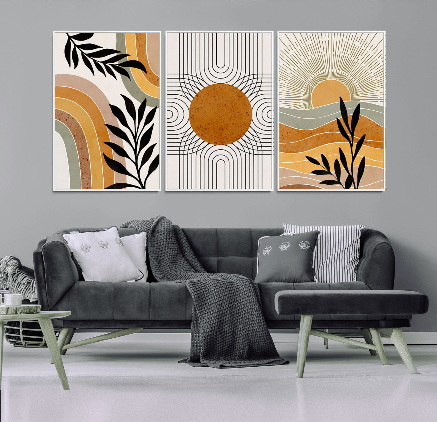 44668-MGV-CV-60X30-3P-Mid Century Modern Wall Art – Abstract Sun and Rainbow Canvas Print, Minimalist Geometric Boho Decor for Living Room, Bedroom or