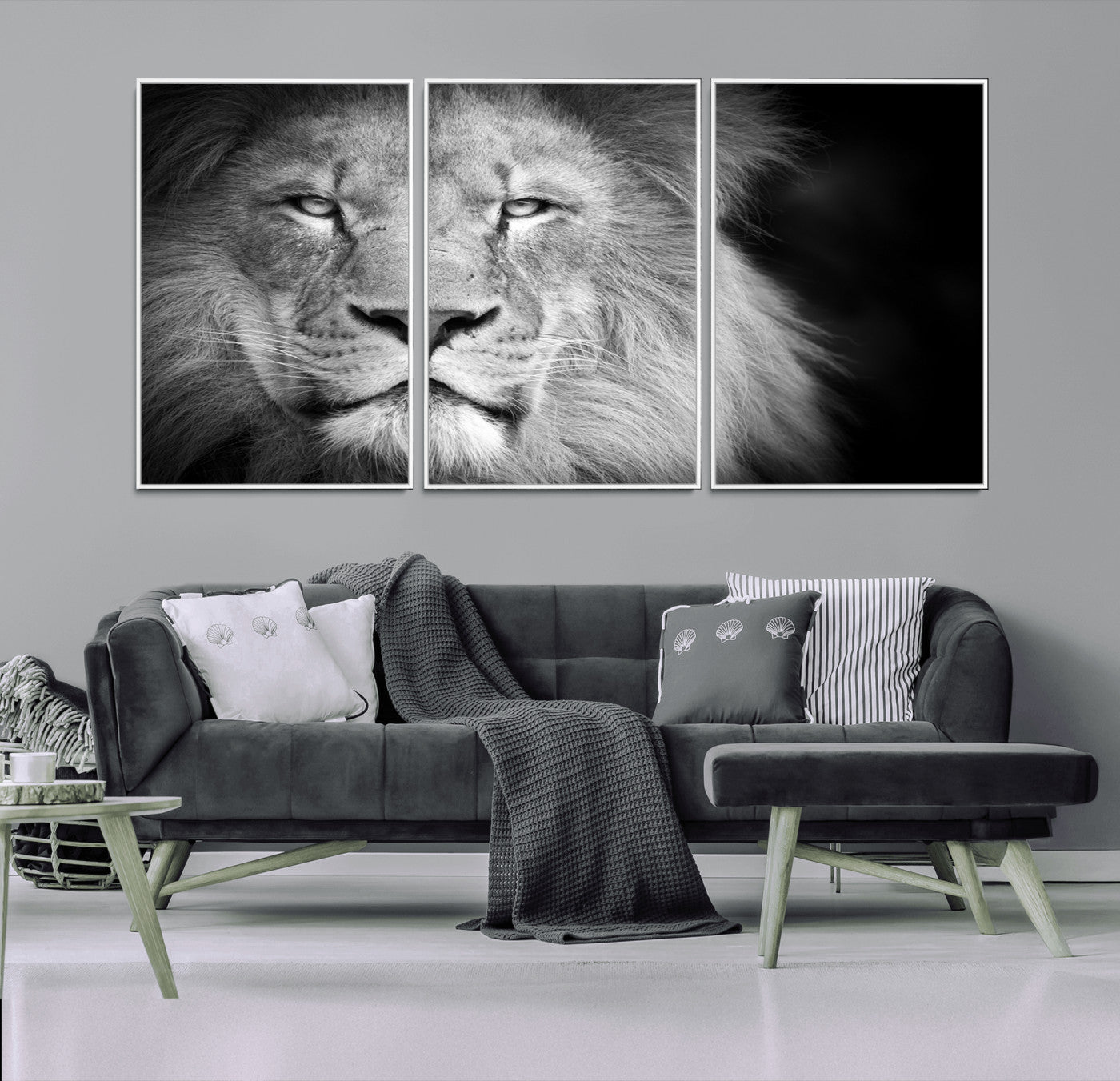 94453-MGV-FC-60X30-3P_White-Lion Portrait Wall Art – Black and White King of the Jungle Canvas Print, Safari Wildlife Decor for Office, Bedroom, or Living
