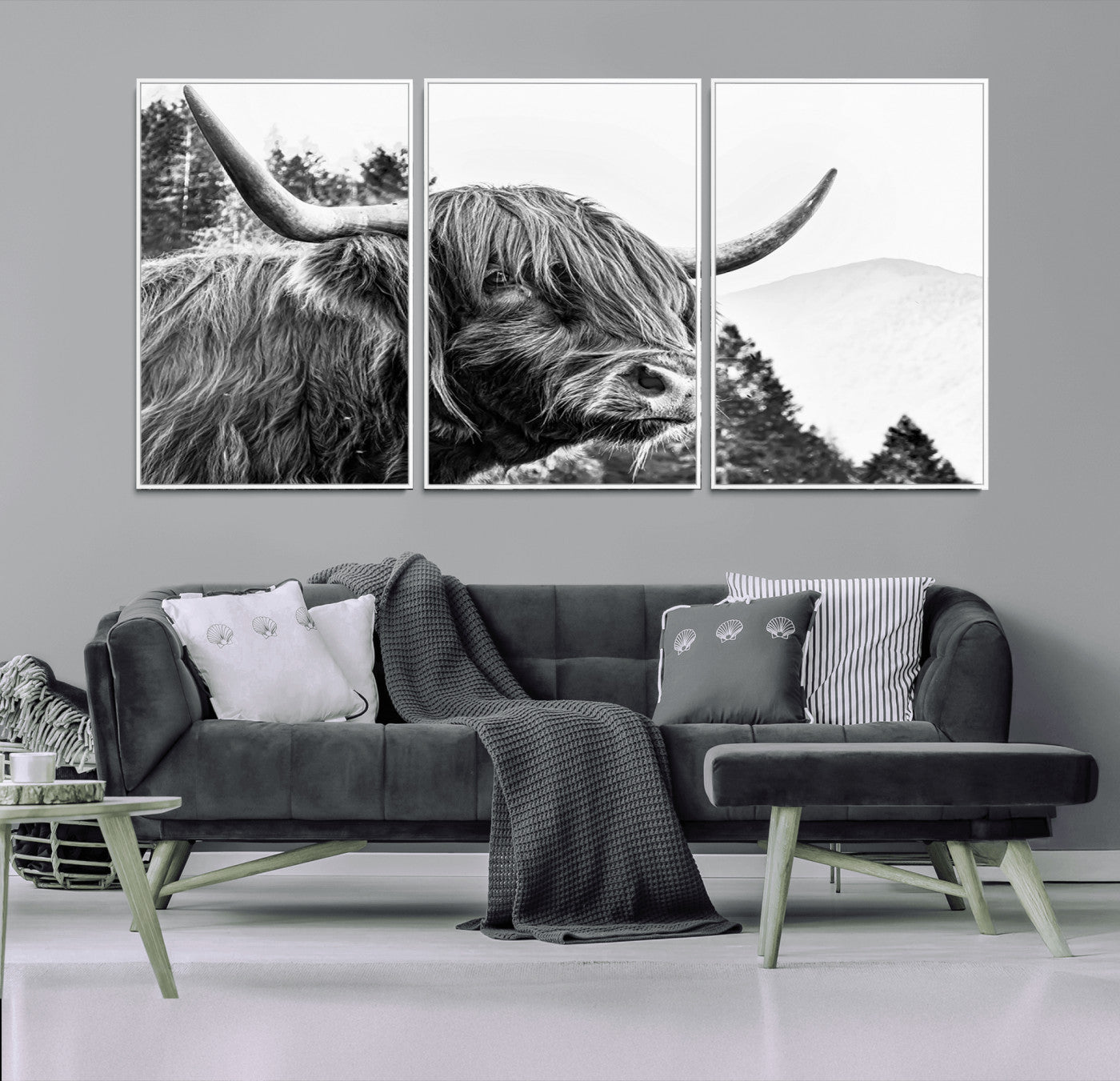 61570-MGV-FC-60X30-3P_White-Highland Cow Wall Art – Black and White Scottish Bull Canvas Print, Rustic Farmhouse Animal Decor for Living Room, Bedroom, or