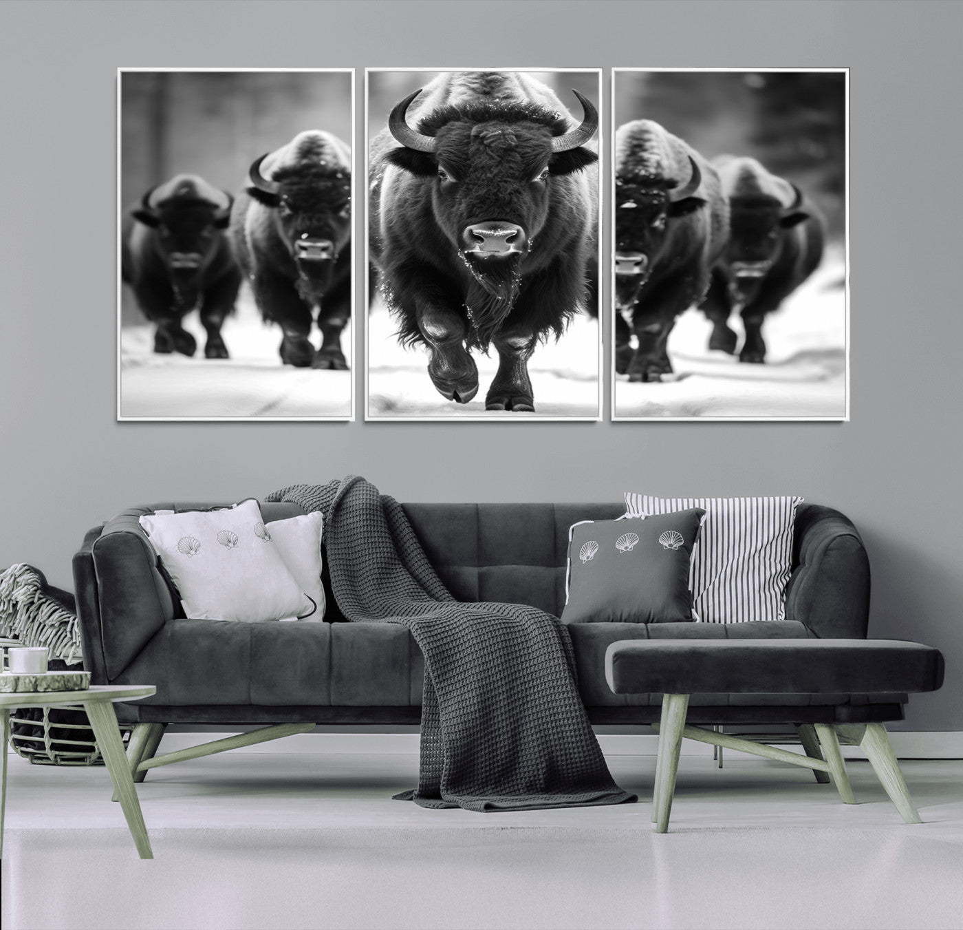 79872-MGV-CV-36X24-Bison Herd Wall Art – Black and White Buffalo on Snow Canvas Print, Rustic Wildlife Decor for Lodge, Cabin, or Living Room