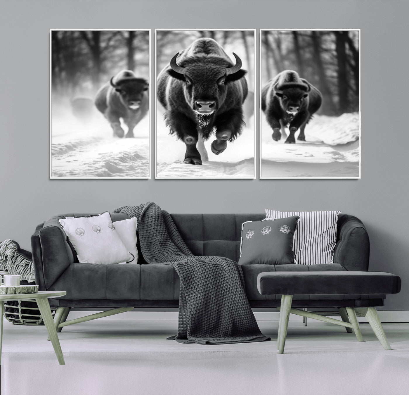 97552-MGV-FC-60X30-3P_White-Black and White Bison Wall Art – Buffalo Herd Running in Snow Canvas Print, Rustic Wildlife Photography Decor for Cabin, Lodge, or