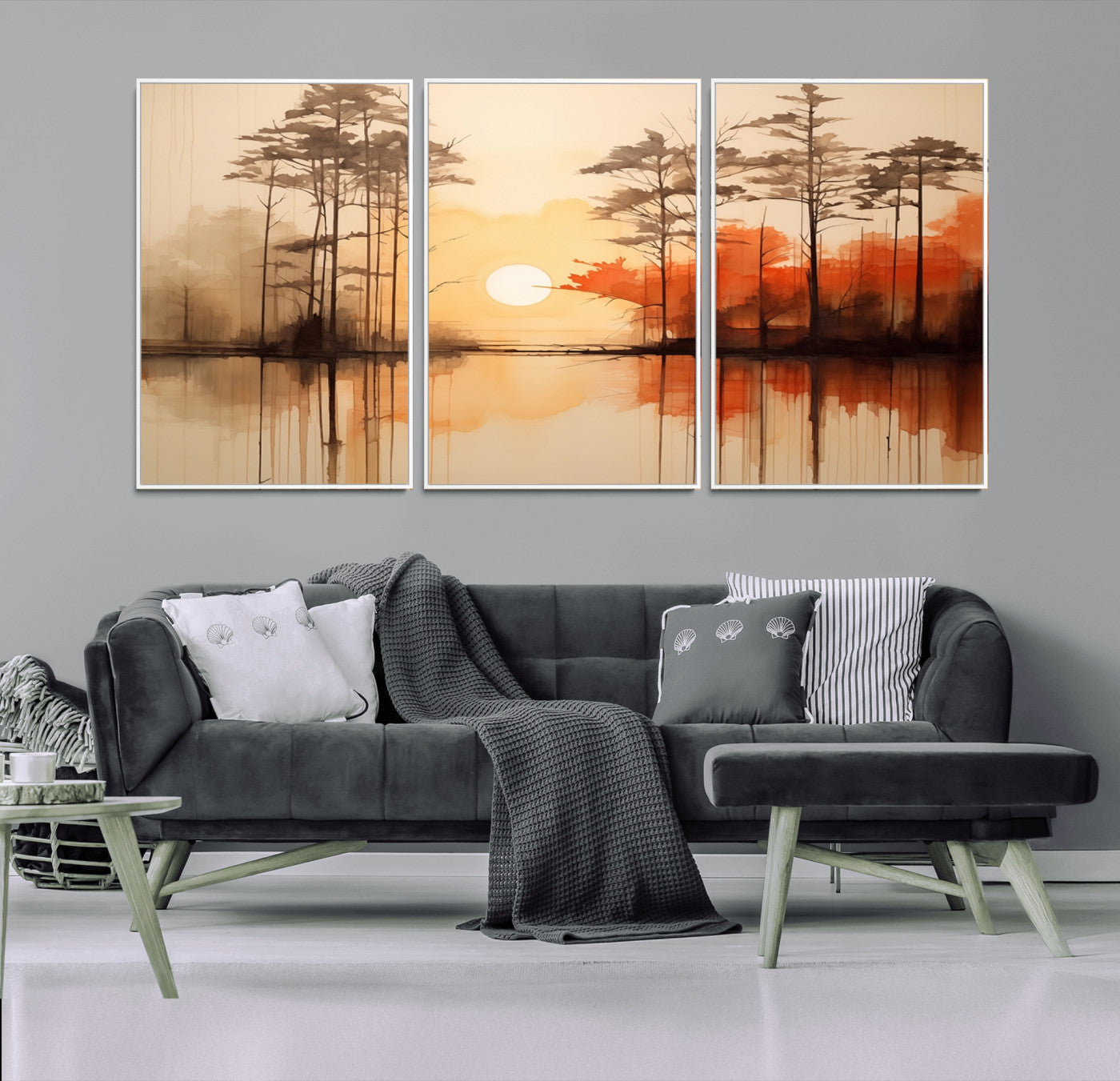 51083-MGV-FC-60X30-3P_White-Sunset Lake Forest Wall Art – Serene Trees and Orange Sky Reflection Canvas Print, Tranquil Nature Decor for Living Room, Office