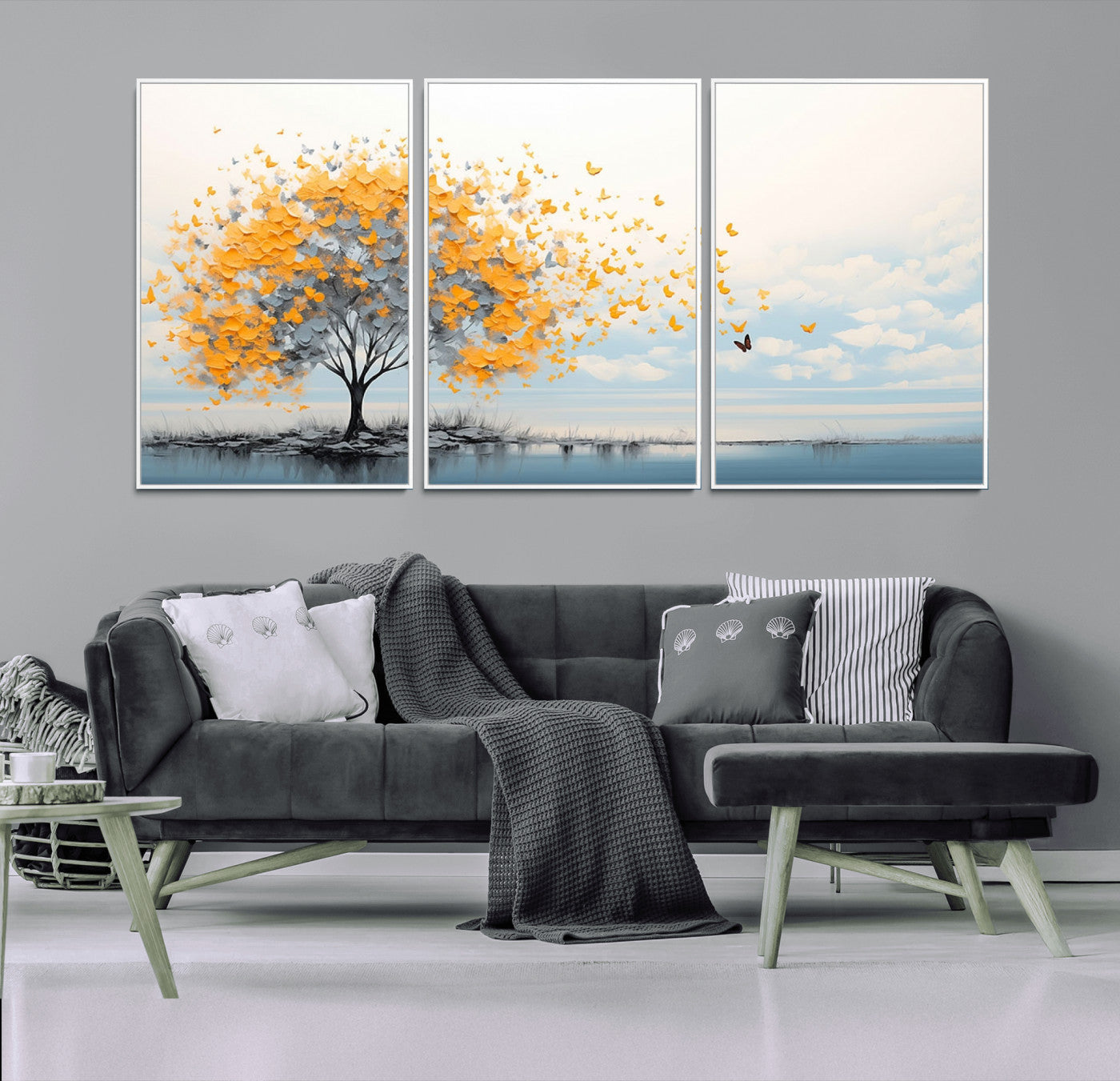 23385-MGV-CV-36X24-Golden Butterfly Tree Wall Art – Abstract Yellow and Gray Canvas Print, Modern Nature Artwork for Living Room, Bedroom or Office