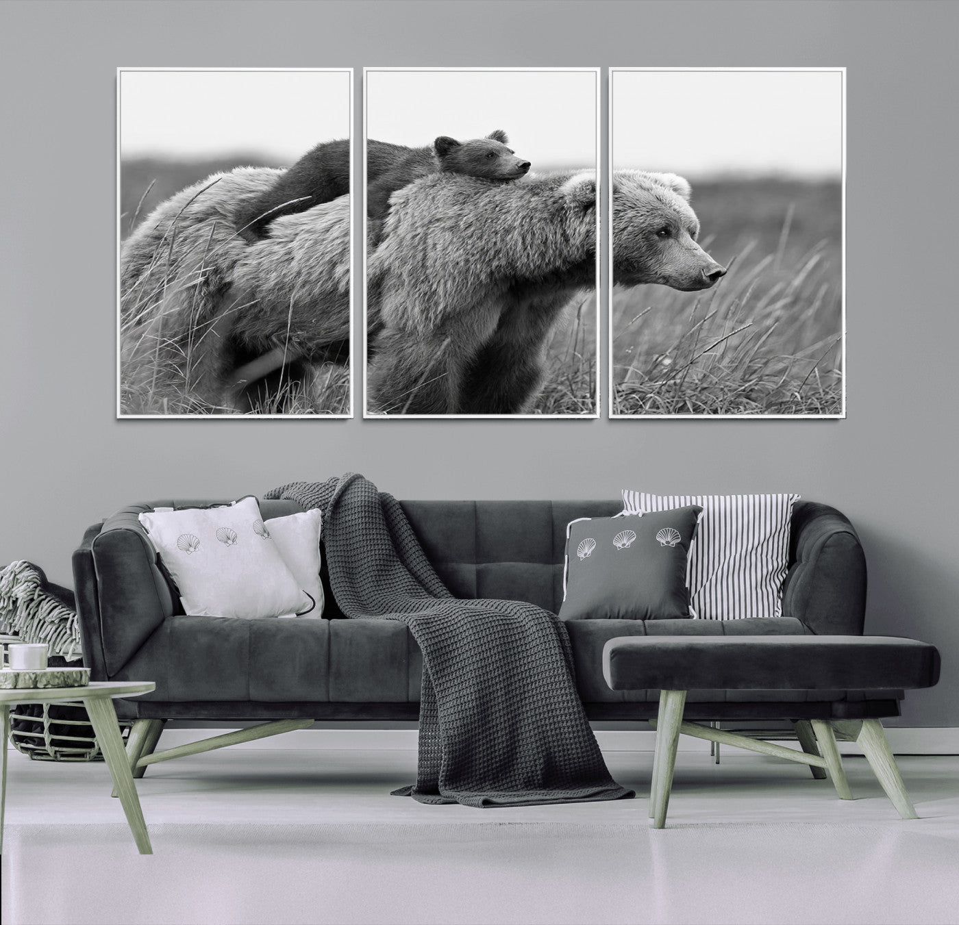 76338-MGV-FC-60X30-3P_White-Mother Bear and Cub Wall Art – Black and White Wildlife Canvas Print, Rustic Nature Photography for Cabin, Living Room or Office