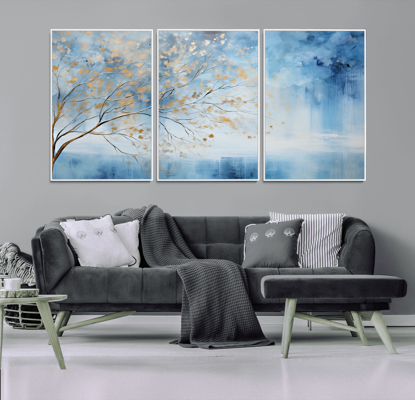 23891-MGV-CV-36X24-Abstract Tree Wall Art – Minimalist Blue and Gold Canvas Painting, Elegant Nature-Inspired Artwork for Living Room, Bedroom or