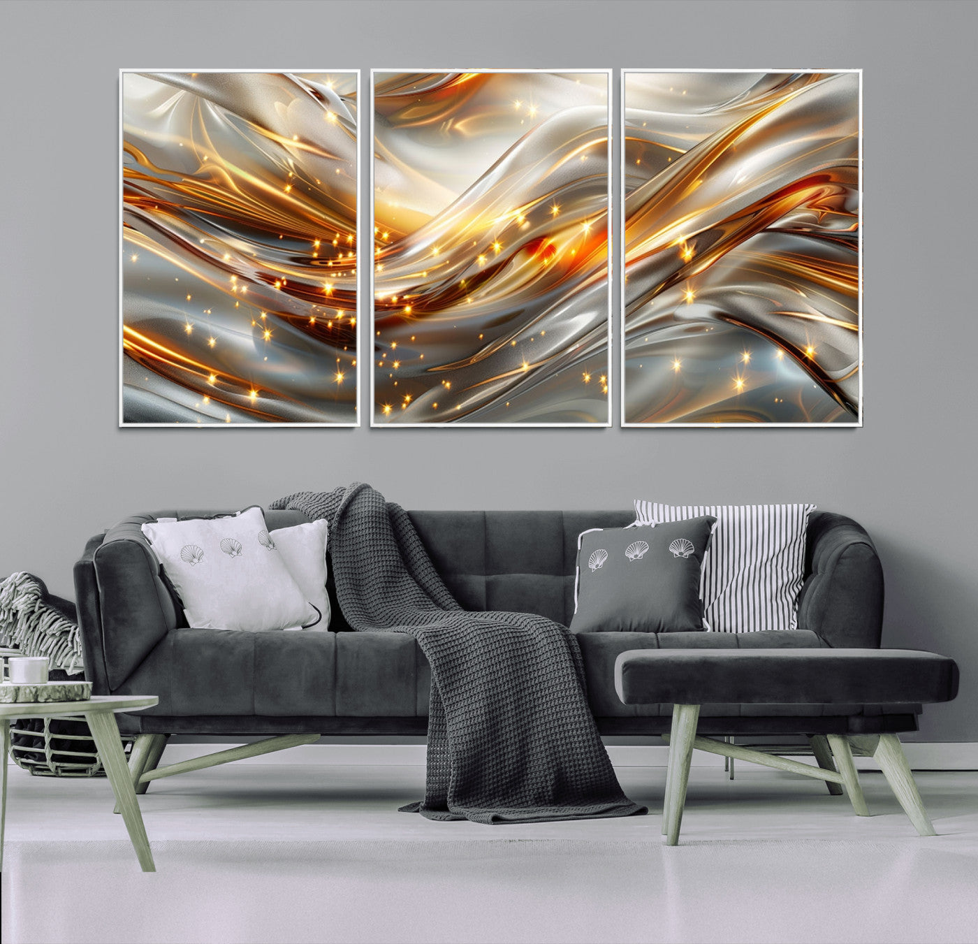 Lines1-MGV-CV-36X24-Abstract Metallic Wall Art – Silver and Gold Wave Canvas Print with Sparkling Accents, Modern Luxury Decor for Living Room, Office