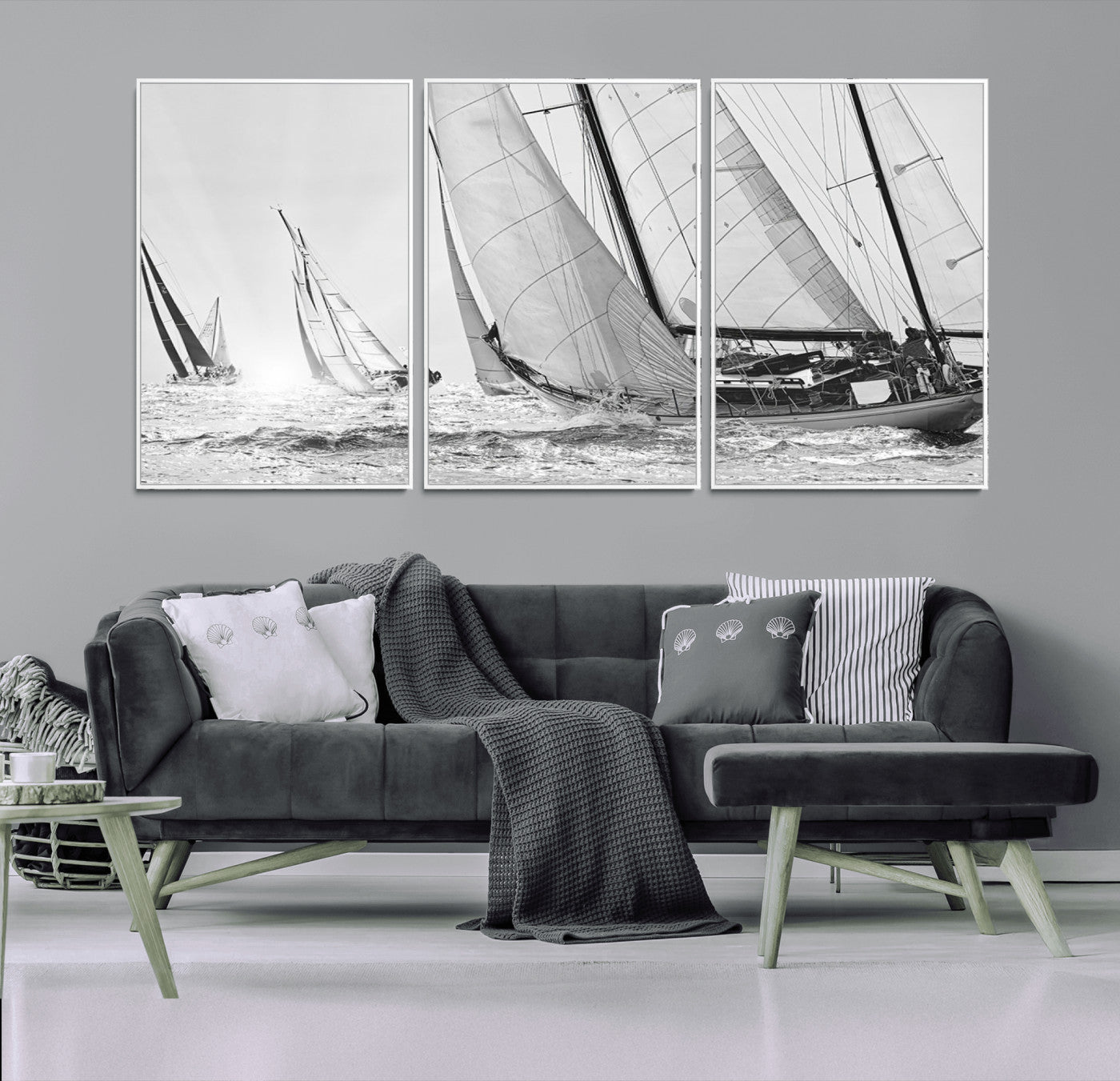 Boat-1-MGV-CV-36X24-Sailboat Racing Wall Art – Nautical Black and White Canvas Print, Ocean Adventure Decor for Office, Living Room or Bedroom