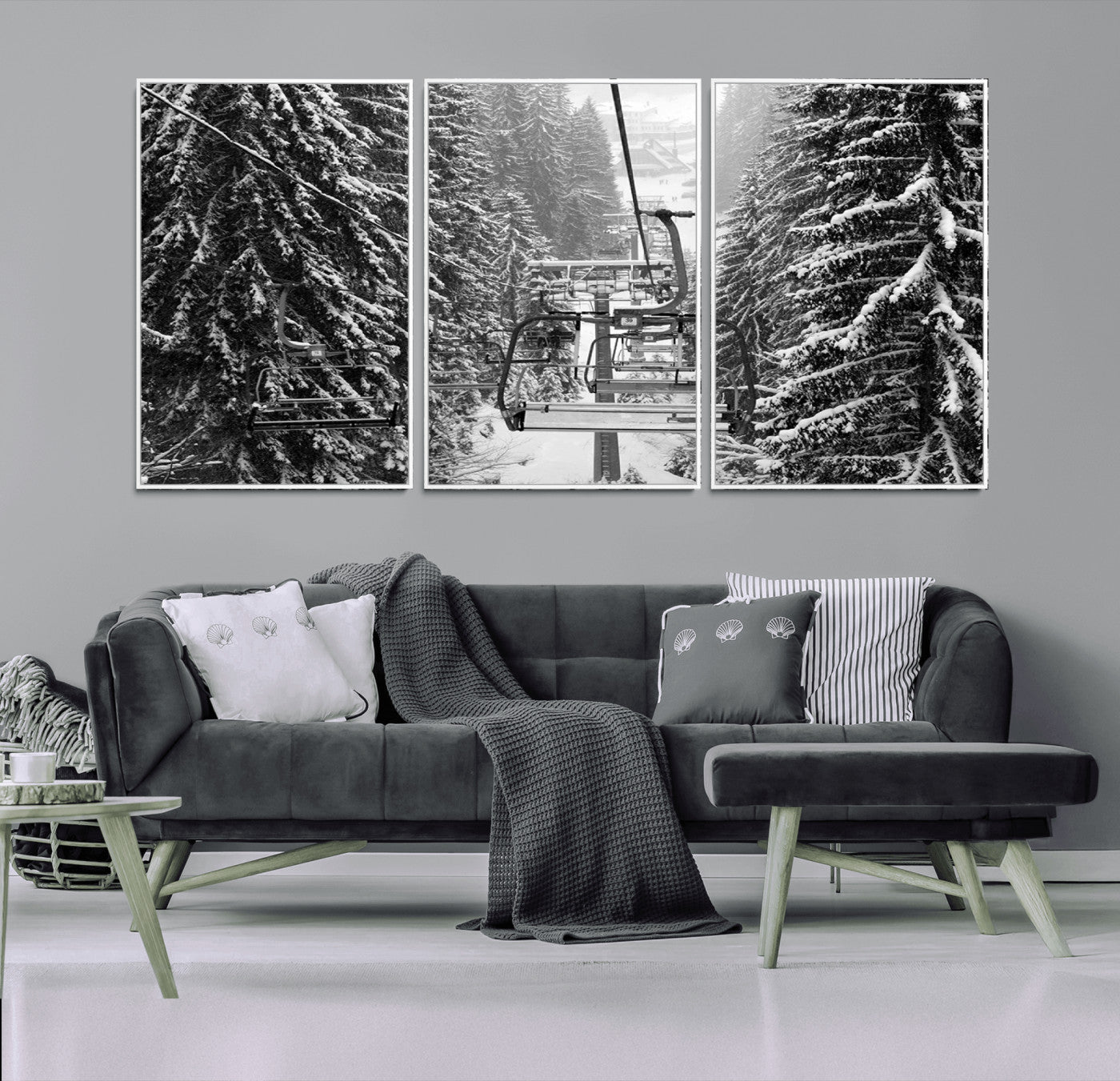19240-MGV-CV-36X24-Ski Lift Wall Art – Black and White Winter Mountain Canvas Print, Snowy Forest Ski Resort Photography for Cabin, Lodge, Office or