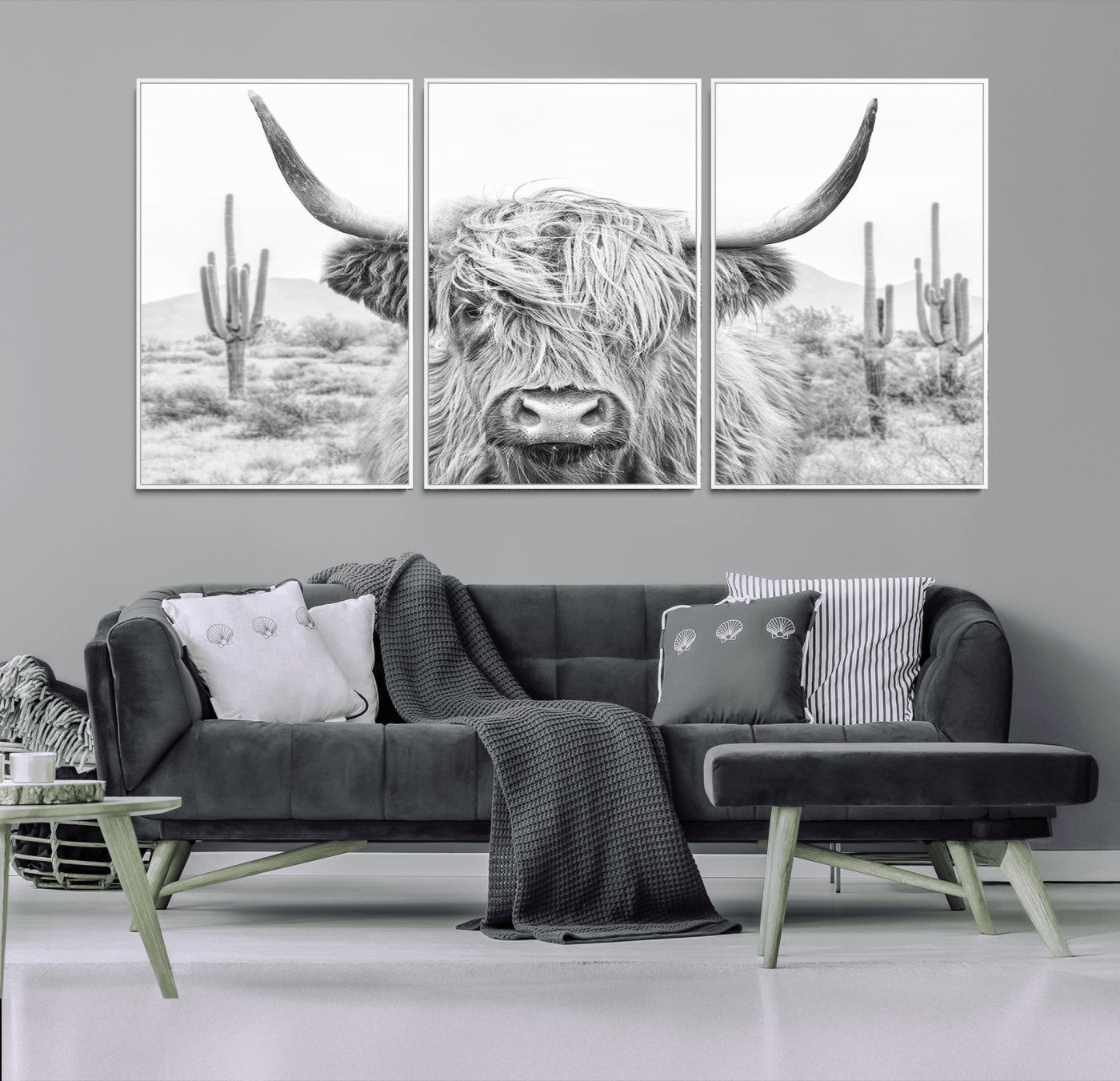 94579-MGV-CV-36X24-Highland Cow Wall Art – Black and White Longhorn Canvas Print, Rustic Western Farmhouse Animal Photography for Living Room,