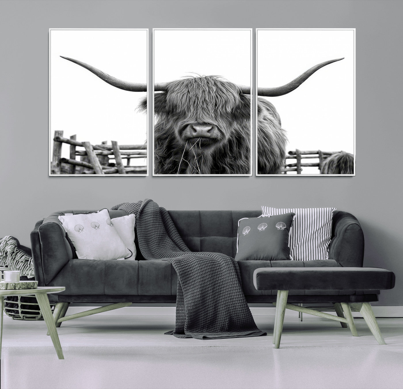 58188-MGV-CV-36X24-Highland Cow Wall Art – Black and White Rustic Farmhouse Canvas Print, Longhorn Cattle Photography Decor for Living Room or