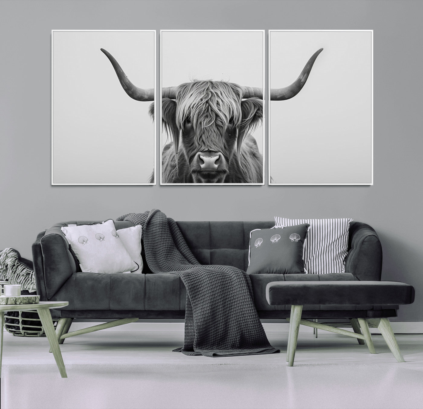35820-MGV-CV-36X24-Minimalist Highland Cow Wall Art – Black and White Longhorn Cattle Canvas Print, Modern Farmhouse Animal Photography Decor for