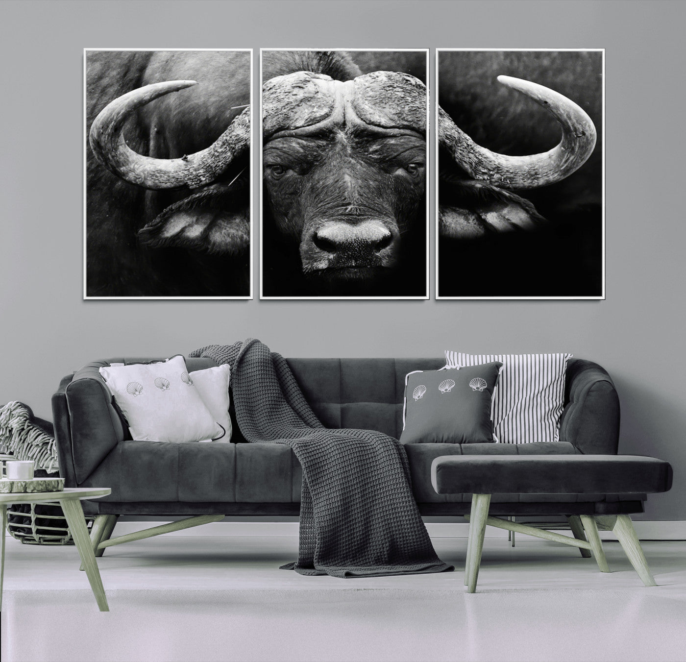 75273-MGV-CV-36X24-Buffalo Wall Art – Black and White African Buffalo Canvas Print, Rustic Wildlife Animal Artwork for Farmhouse, Living Room,