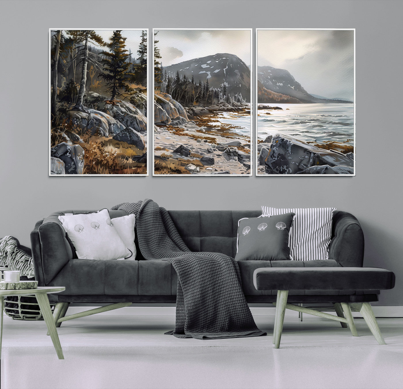 41281-MGV-FC-60X30-3P_White-Rocky Shoreline Wall Art – Panoramic Mountain Coast and Forest Canvas Print, Rustic Nature Landscape Decor for Cabin, Lodge, or