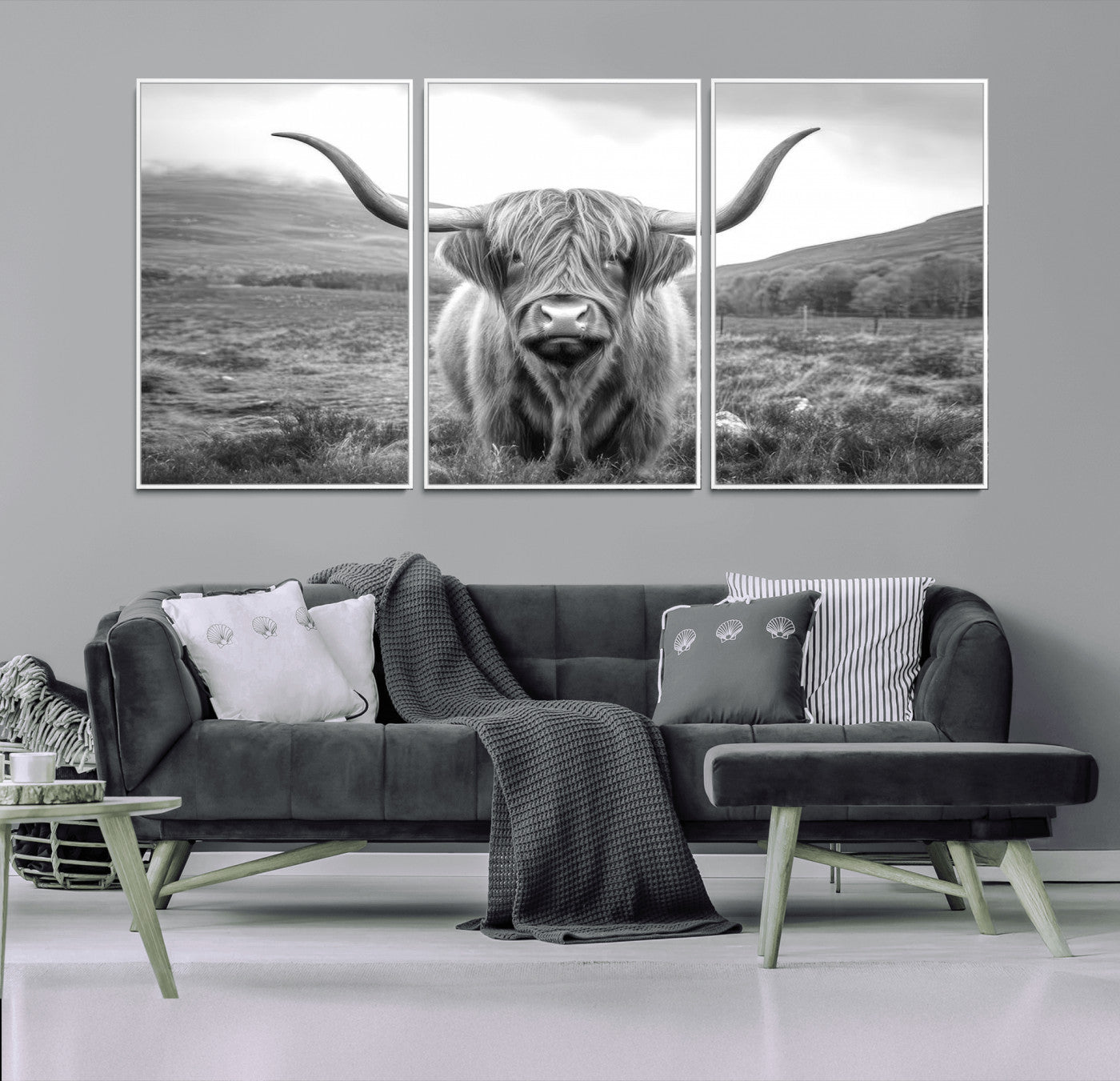 52903-MGV-FC-60X30-3P_White-Highland Cow Wall Art – Black and White Canvas Print Rustic Cattle Portrait, Farmhouse Country Decor for Living Room, Office,