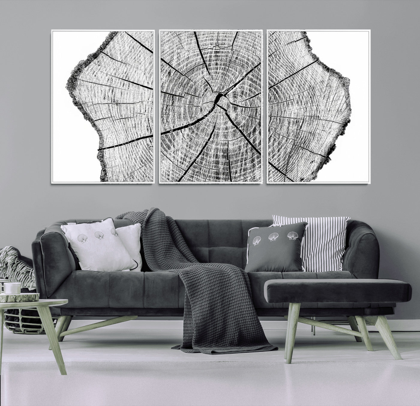 98709-MGV-FC-60X30-3P_White-Tree Ring Wall Art – Black and White Canvas Print Rustic Wood Cross Section, Minimal Nature Inspired Decor for Living Room,