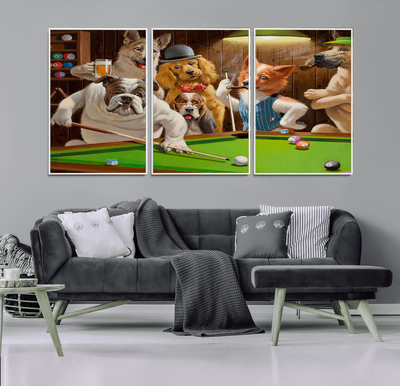 34228-MGV-CV-36X24-Dogs Playing Pool Wall Art Canvas Print, Framed Funny Dog Art Picture Print, Dog Perfect Game Room Decor Artwork