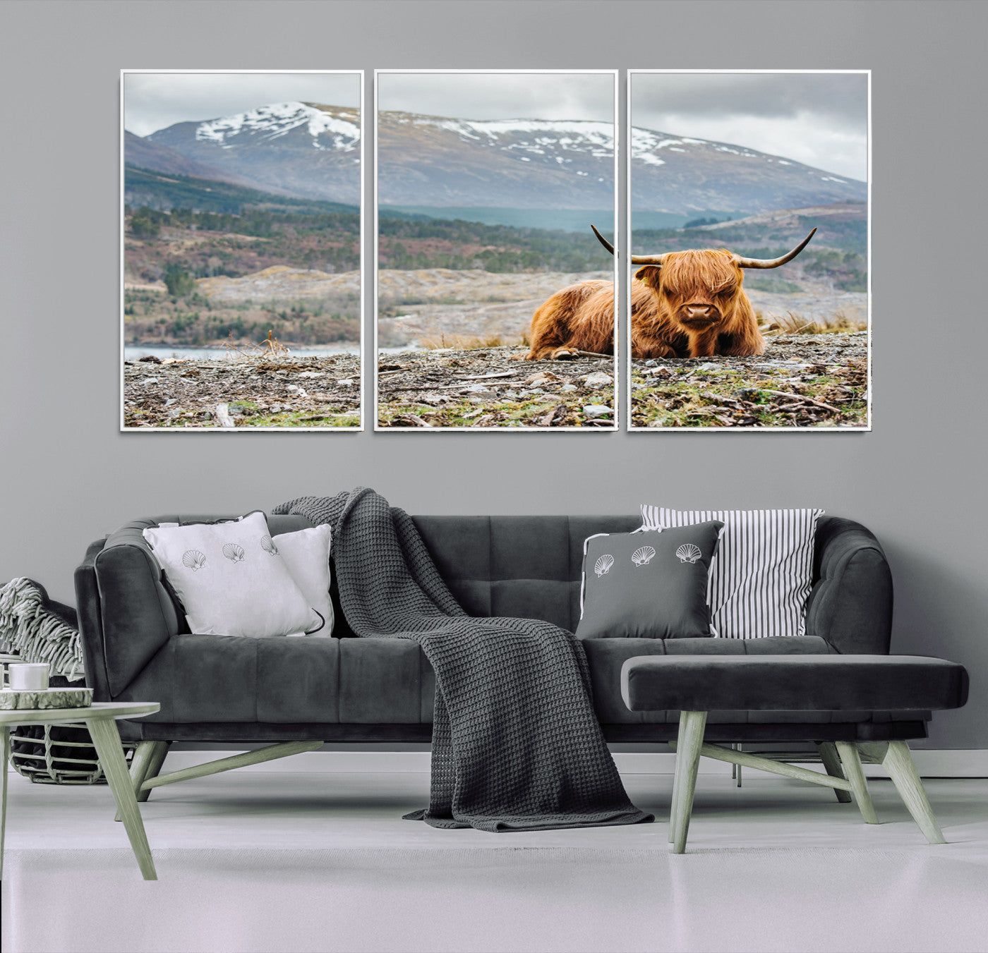 80252-MGV-FC-60X30-3P_White-Scottish Cow Wall Art Canvas Print, Framed Highland Cow Art Picture Print, Highland Cattle Perfect Rustic Farmhouse Decor Artwork