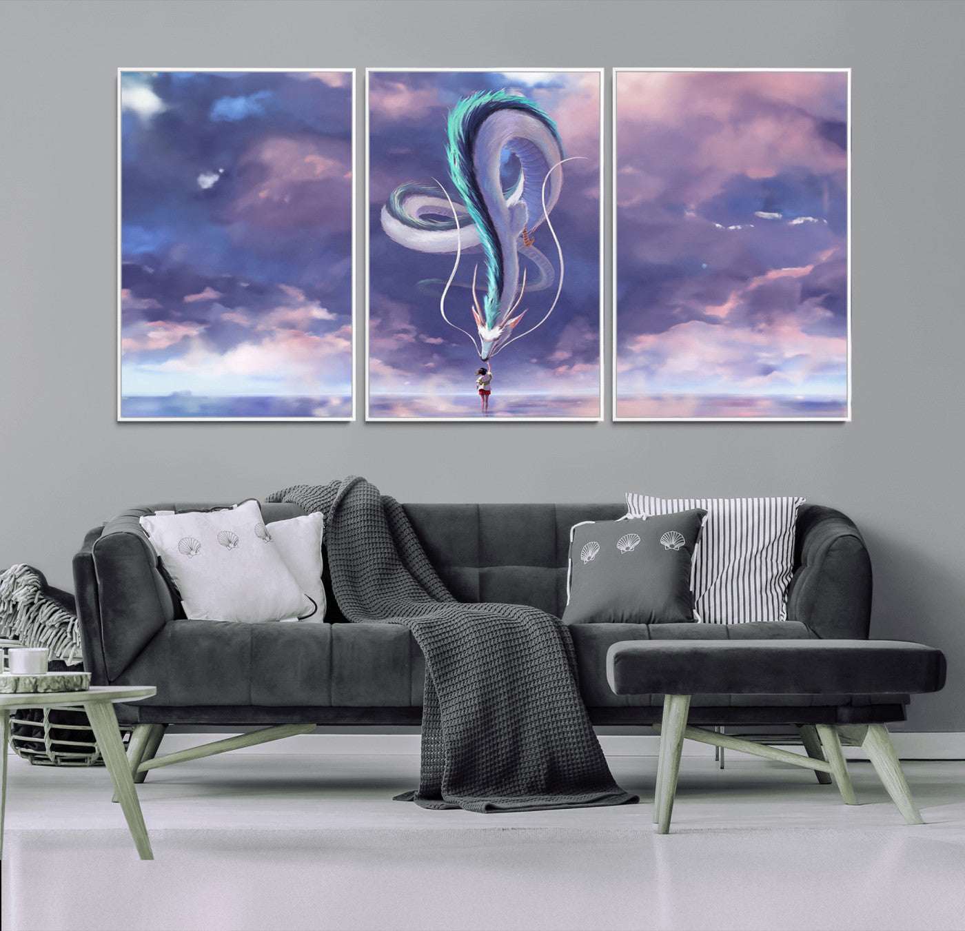 66864-MGV-FC-60X30-3P_White-Fantasy Dragon Wall Art – Mystical Canvas Print Girl and Sky Serpent Dreamlike Clouds, Magical Anime Inspired Decor for Living