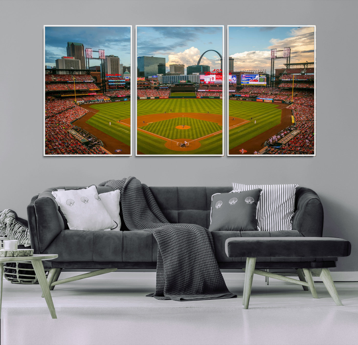 91908-MGV-FC-60X30-3P_White-Baseball Stadium Wall Art – Canvas Print Game Day Field City Skyline Iconic Arch Scene Sports Photography, Decor for Game Room,