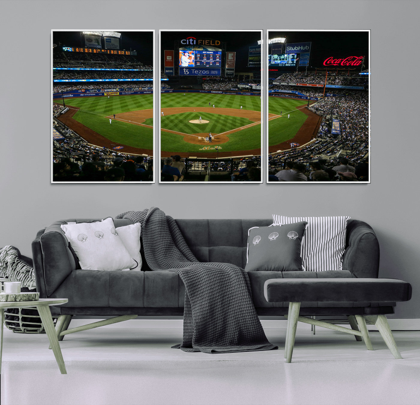 25148-MGV-FC-60X30-3P_White-Baseball Stadium Wall Art – Canvas Print Night Game Packed Crowd Bright Lights Sports Photography, Dynamic Decor for Game Room,