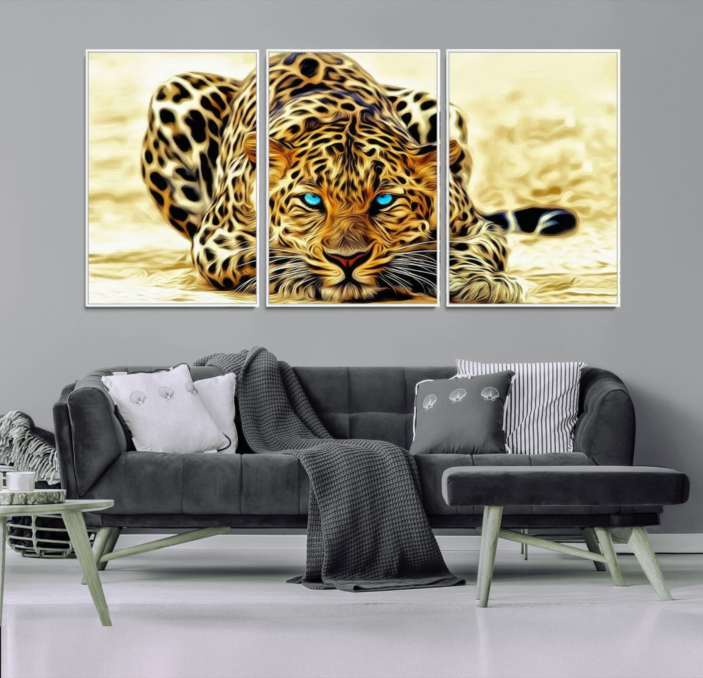 45281-MGV-FC-60X30-3P_White-Blue Eye Leopard Wall Art Canvas Print, Framed Leopard Painting Art Picture Print, Big Cat Perfect Safari Wildlife Decor Artwork