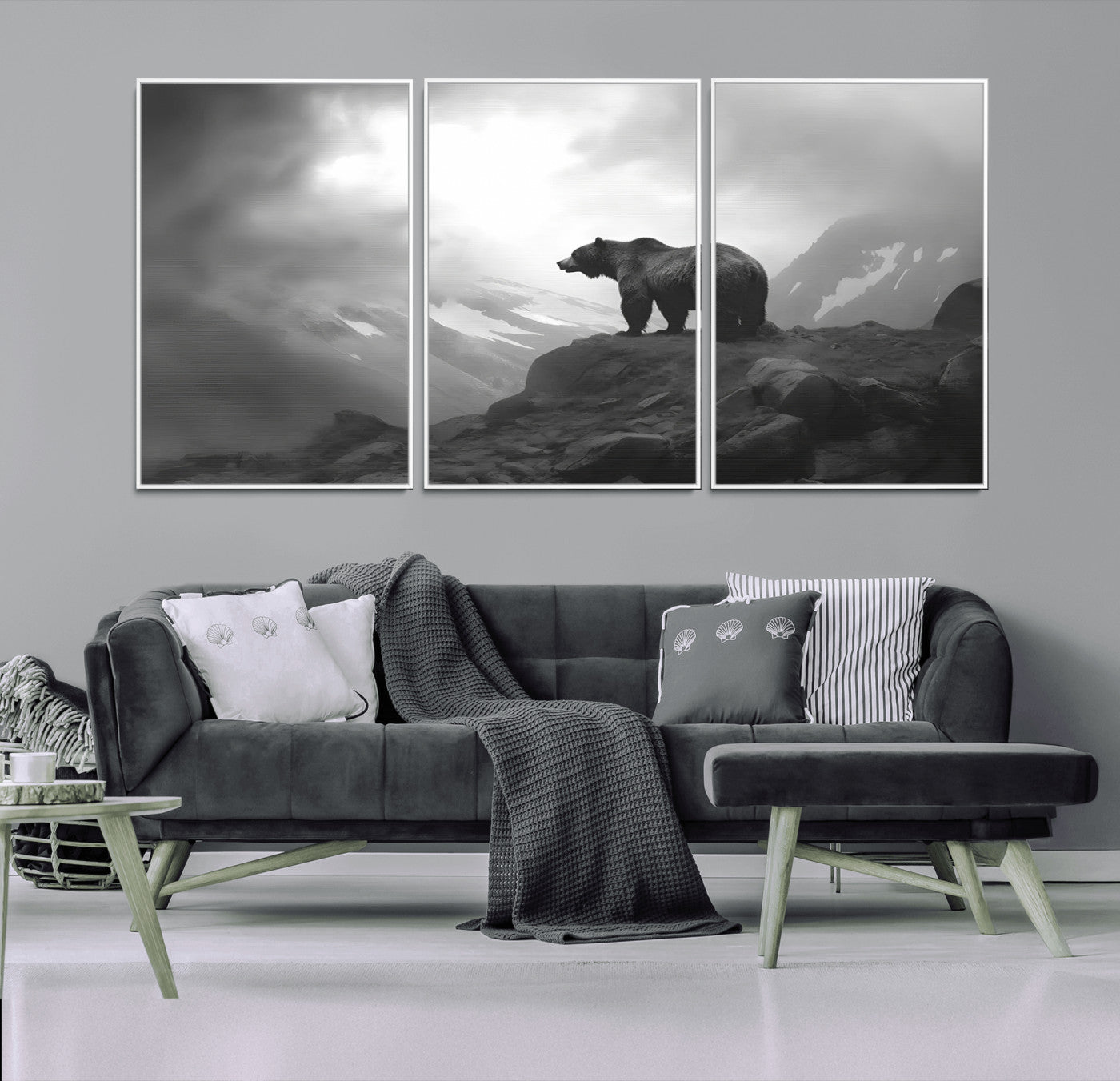 49504-MGV-CV-36X24-Black and White Grizzly Bear Wall Art – Wilderness Wildlife Painting, Rustic Mountain Cabin Decor, Monochrome Animal Print for