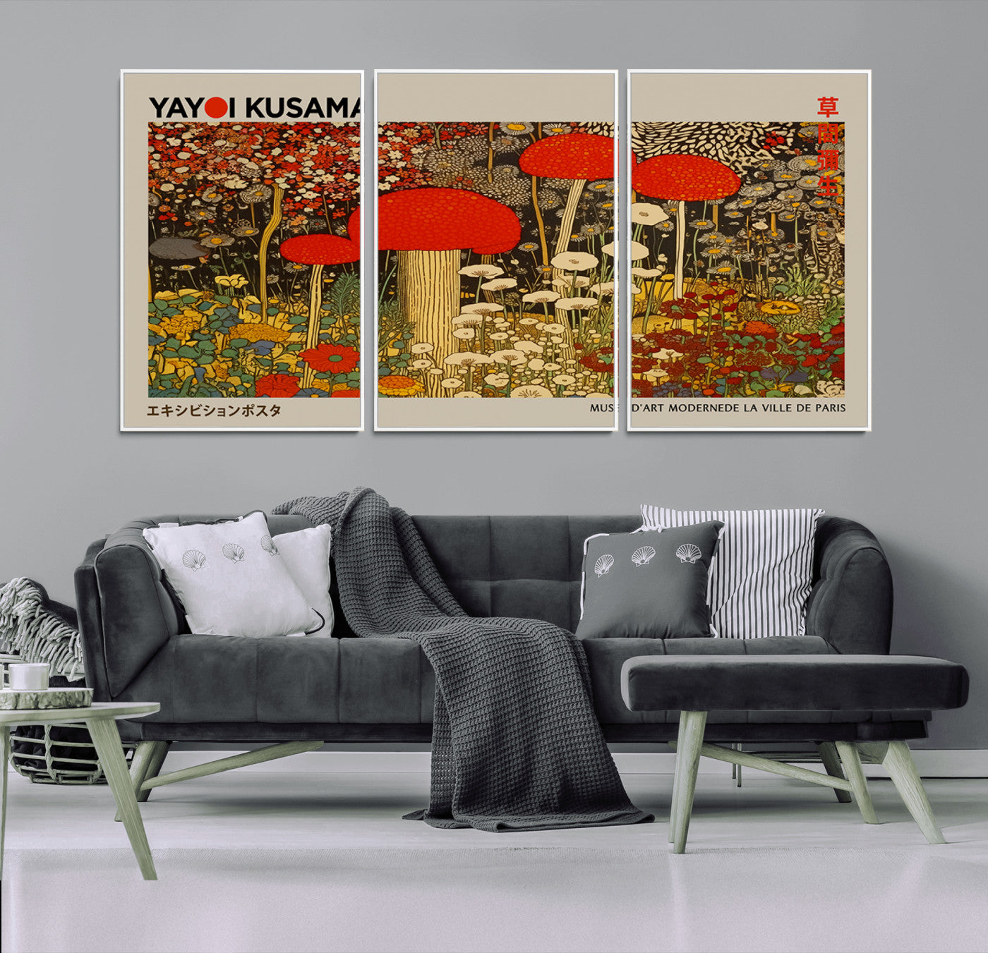 38013-MGV-CV-36X24-Yayoi Kusama Inspired Mushroom Garden Wall Art – Whimsical Botanical Canvas Print, Surreal Nature Poster, Fantasy Floral Artwork