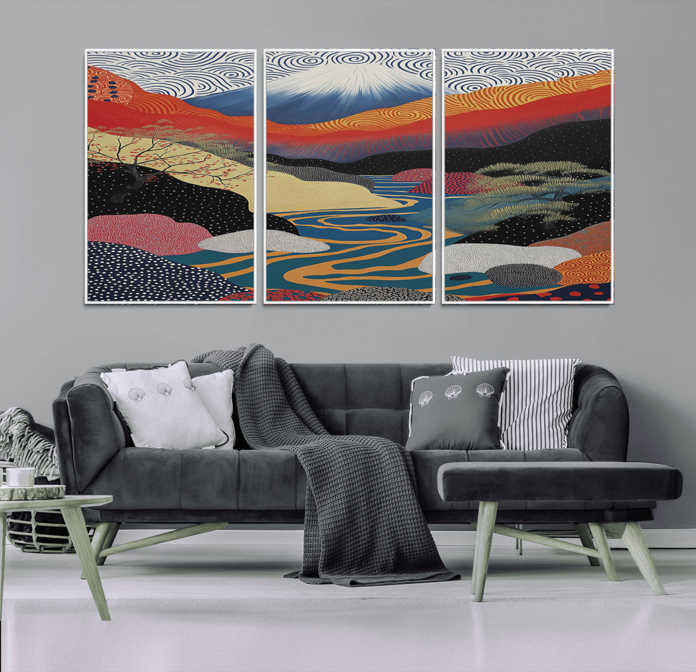 32131-MGV-CV-36X24-Japanese Mount Fuji Wall Art – Abstract Landscape Canvas Print with Swirling Sky & River, Modern Minimalist Asian Inspired Poster