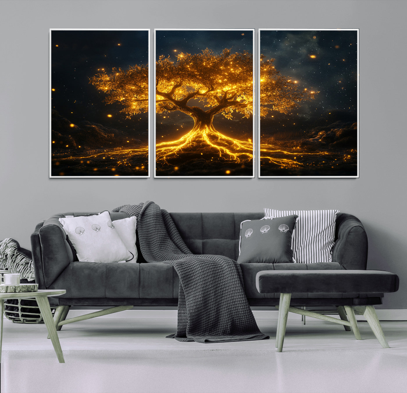 60194-MGV-CV-36X24-Glowing Tree Wall Art – Golden Roots Fantasy Canvas Print, Mystical Illuminated Tree Painting Poster for Living Room, Bedroom,