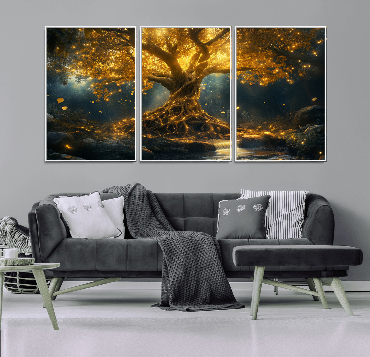 92739-MGV-FC-60X30-3P_White-Glowing Tree Wall Art – Enchanted Golden Forest Canvas Print, Mystical Illuminated Nature Painting Poster for Living Room,