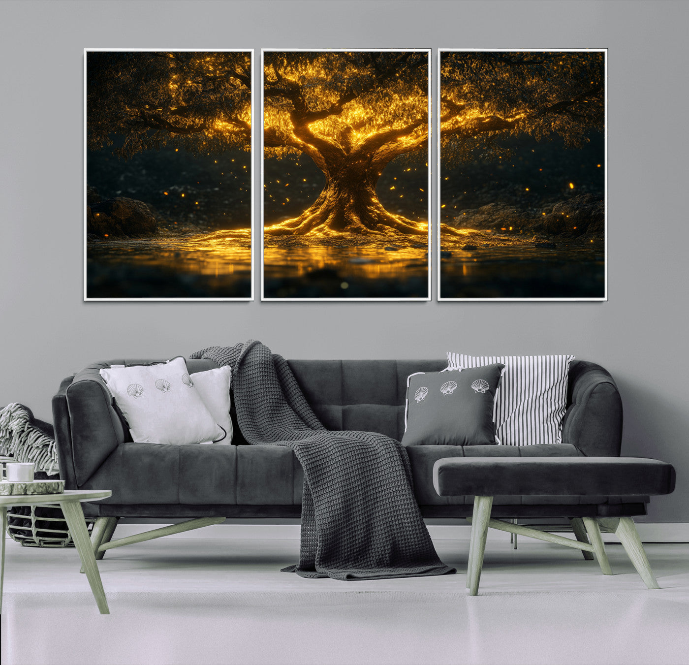 59580-MGV-CV-36X24-Glowing Tree Wall Art – Golden Fantasy Nature Canvas Print, Mystical Illuminated Tree Painting Poster for Living Room, Bedroom,