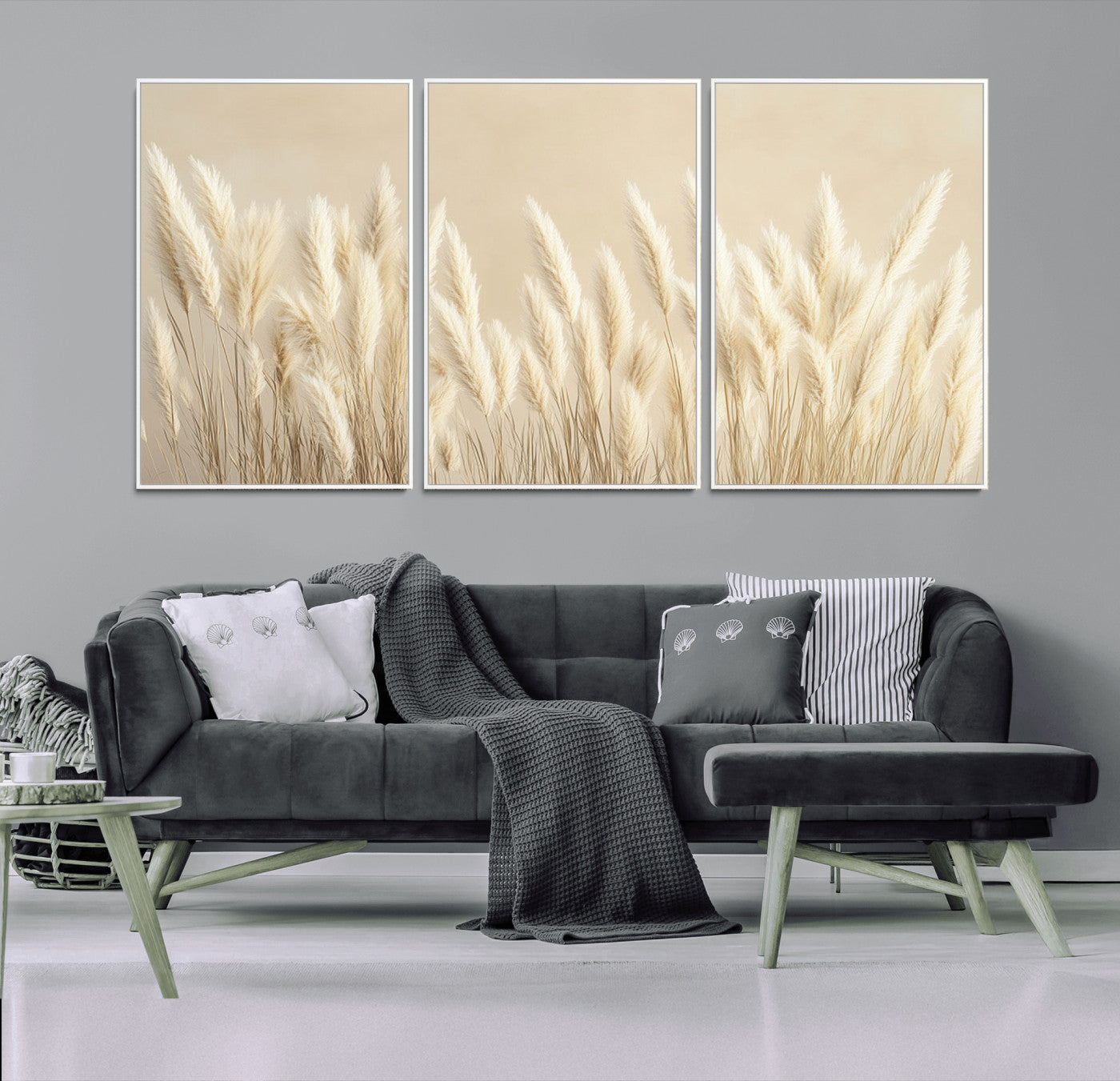 81444-MGV-FC-60X30-3P_White-Pampas Grass Wall Art Canvas Print, Framed Beige Pampas Grass Art Picture Print, Minimalist Beige Perfect Minimalist Nature Decor