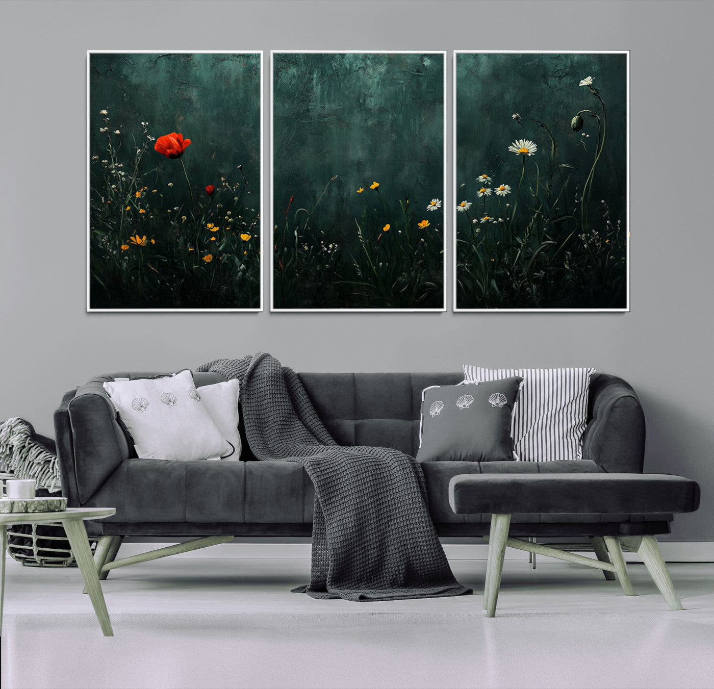 26218-MGV-FC-60X30-3P_White-Wildflower Wall Art – Dark Botanical Floral Canvas Print, Modern Nature Painting Poster with Daisy Poppy Yellow Flowers for Living