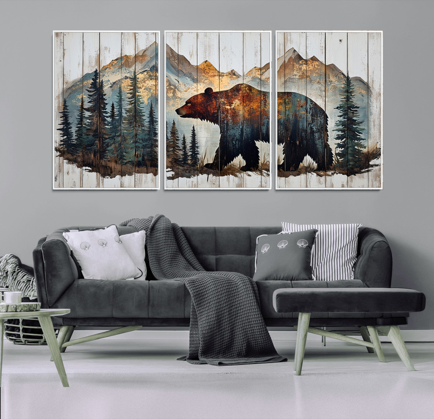 55777-MGV-FC-60X30-3P_White-Rustic Bear Wall Art Canvas Print, Framed Mountain and Forest Art Picture Print, Wooden Bear Perfect Rustic Lodge Decor Artwork