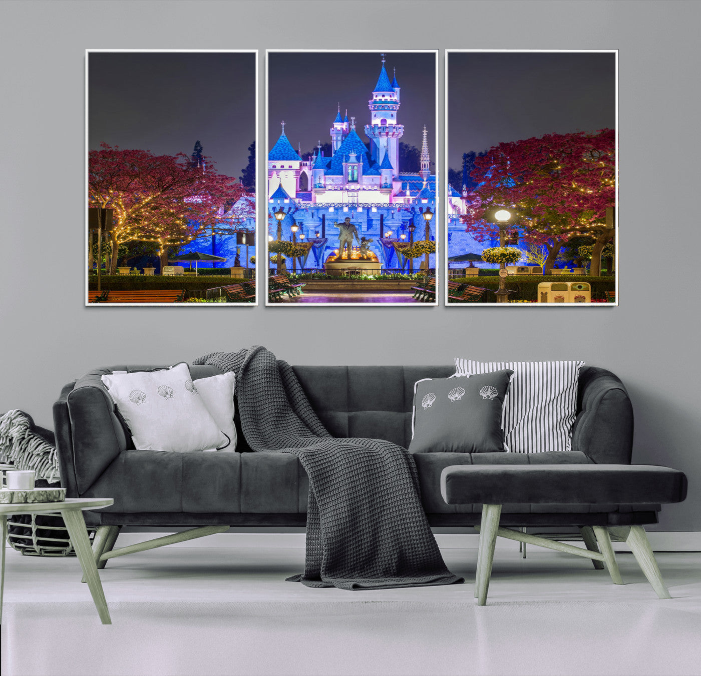 66710-MGV-FC-60X30-3P_White-Enchanted Castle Wall Art – Magical Night Scene Canvas Print with Glowing Lights, Fantasy Architecture Artwork for Living Room,