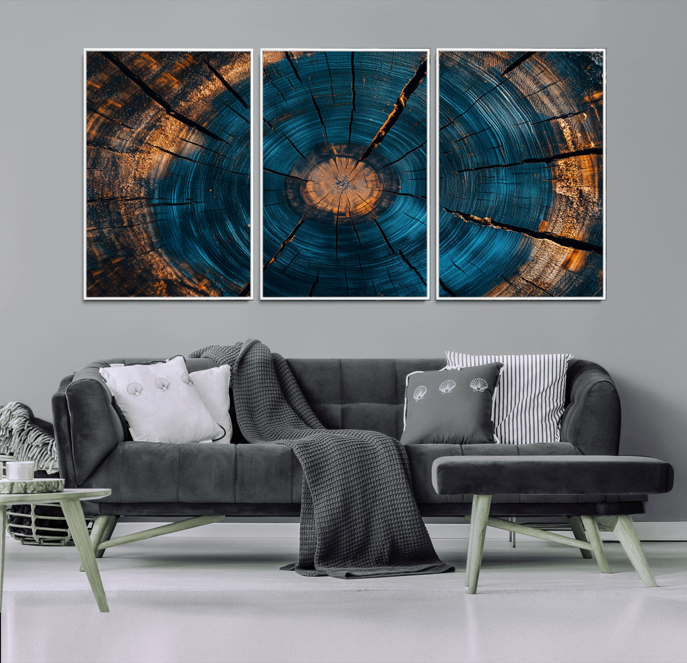 13398-MGV-CV-36X24-Tree Ring Wall Art – Abstract Wood Grain Canvas Print with Blue and Orange Accents, Rustic Nature Inspired Artwork for Living