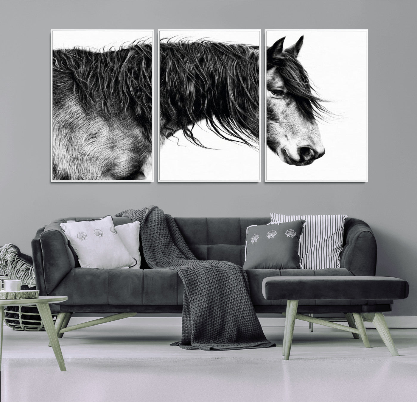 57694-MGV-CV-36X24-Horse Portrait Wall Art – Black and White Canvas Print with Detailed Stallion Profile, Rustic Farmhouse Equestrian Artwork for