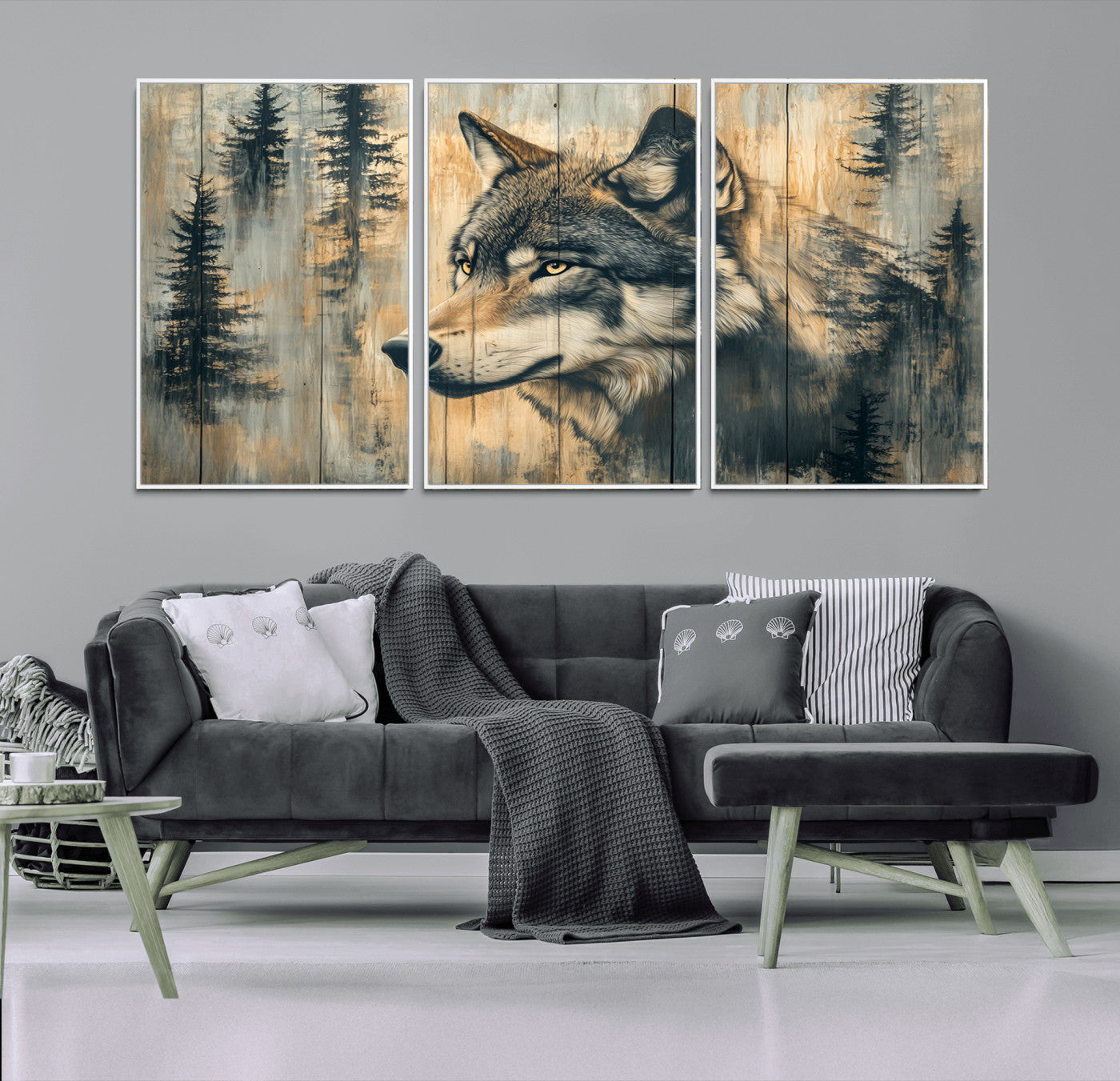 51892-MGV-CV-36X24-Wolf Wall Art – Rustic Canvas Print of Wolf with Forest Trees on Wood Texture, Wildlife Lodge Artwork for Living Room, Bedroom,