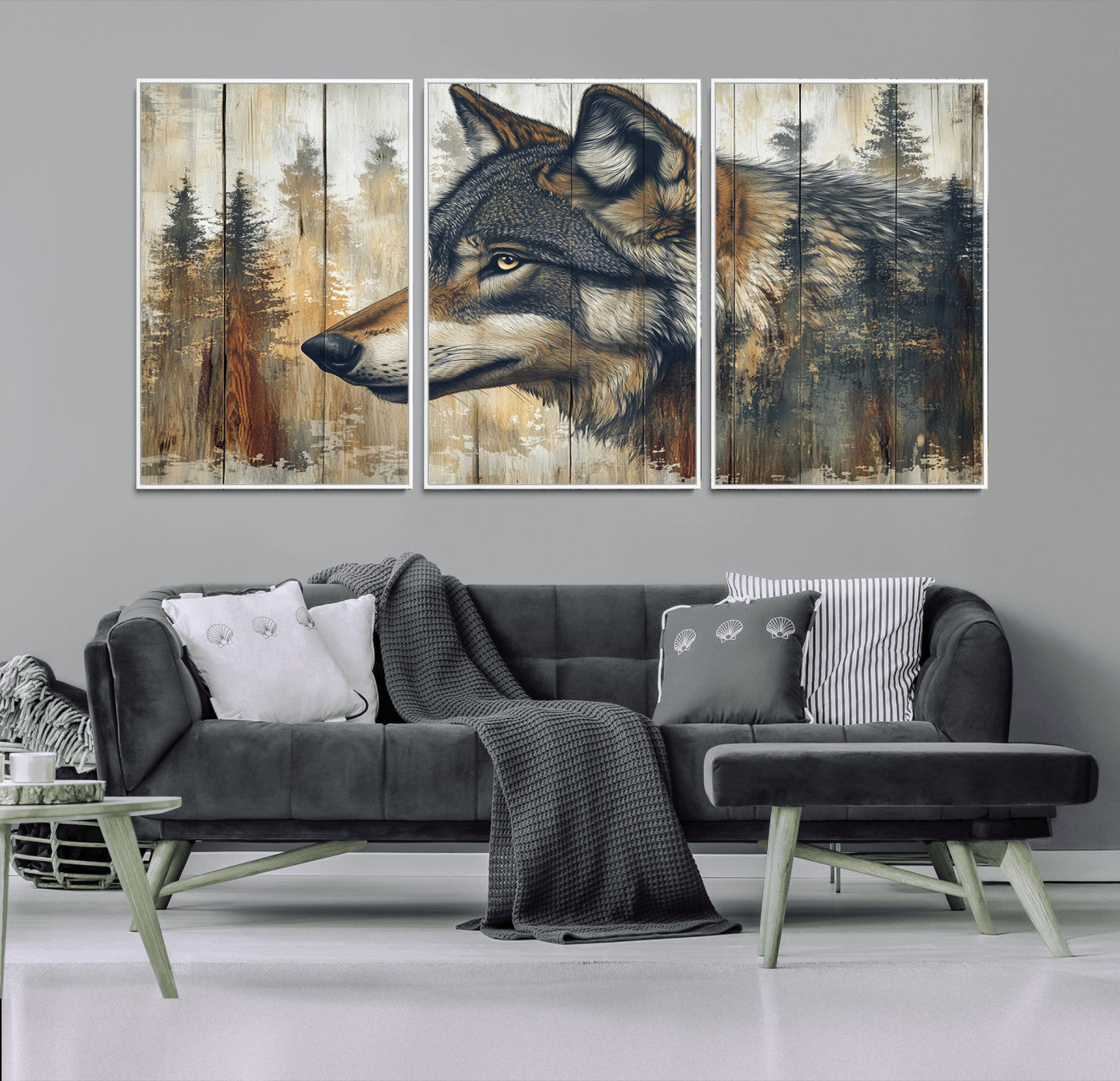 91882-MGV-FC-60X30-3P_White-Wolf Wall Art – Rustic Canvas Print of Forest Wolf on Wood Background, Wildlife Lodge Artwork for Living Room, Bedroom, Cabin, or