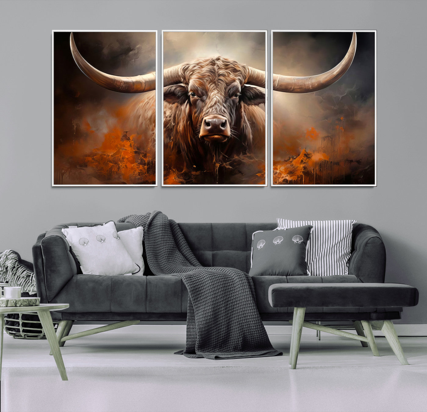 240479-MGV-CV-36X24-Longhorn Bull Wall Art – Dramatic Western Canvas Print Featuring Horned Bull with Fiery Background, Rustic Farmhouse Artwork for